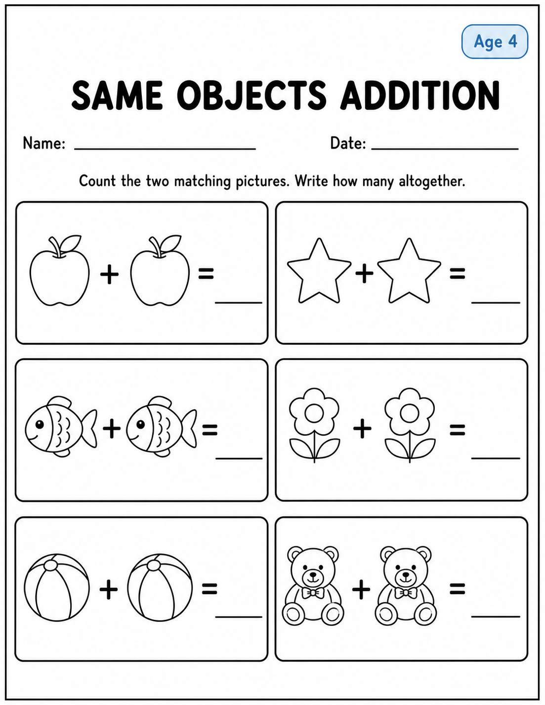 Printable same objects addition practice sheet 1 for age 4