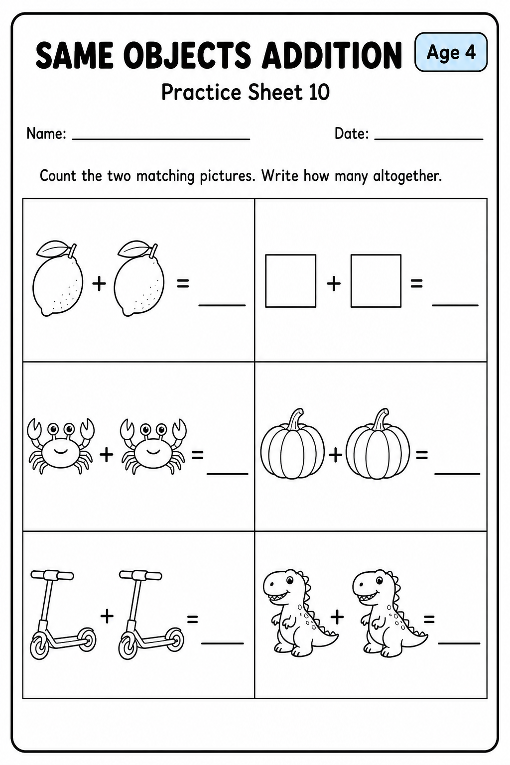 Printable same objects addition practice sheet 10 for age 4