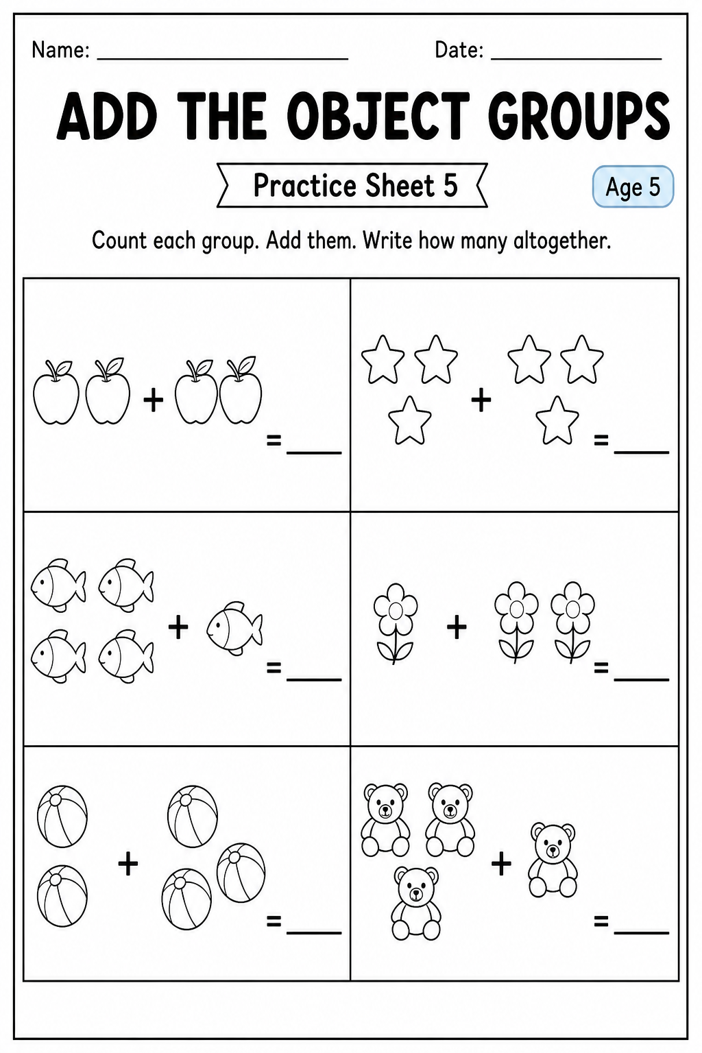 Printable add the object groups practice sheet 1 for age 5
