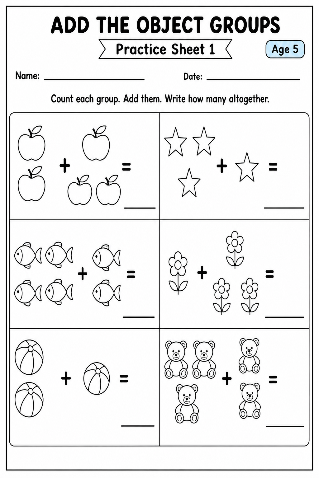 Printable add the object groups practice sheet 2 for age 5