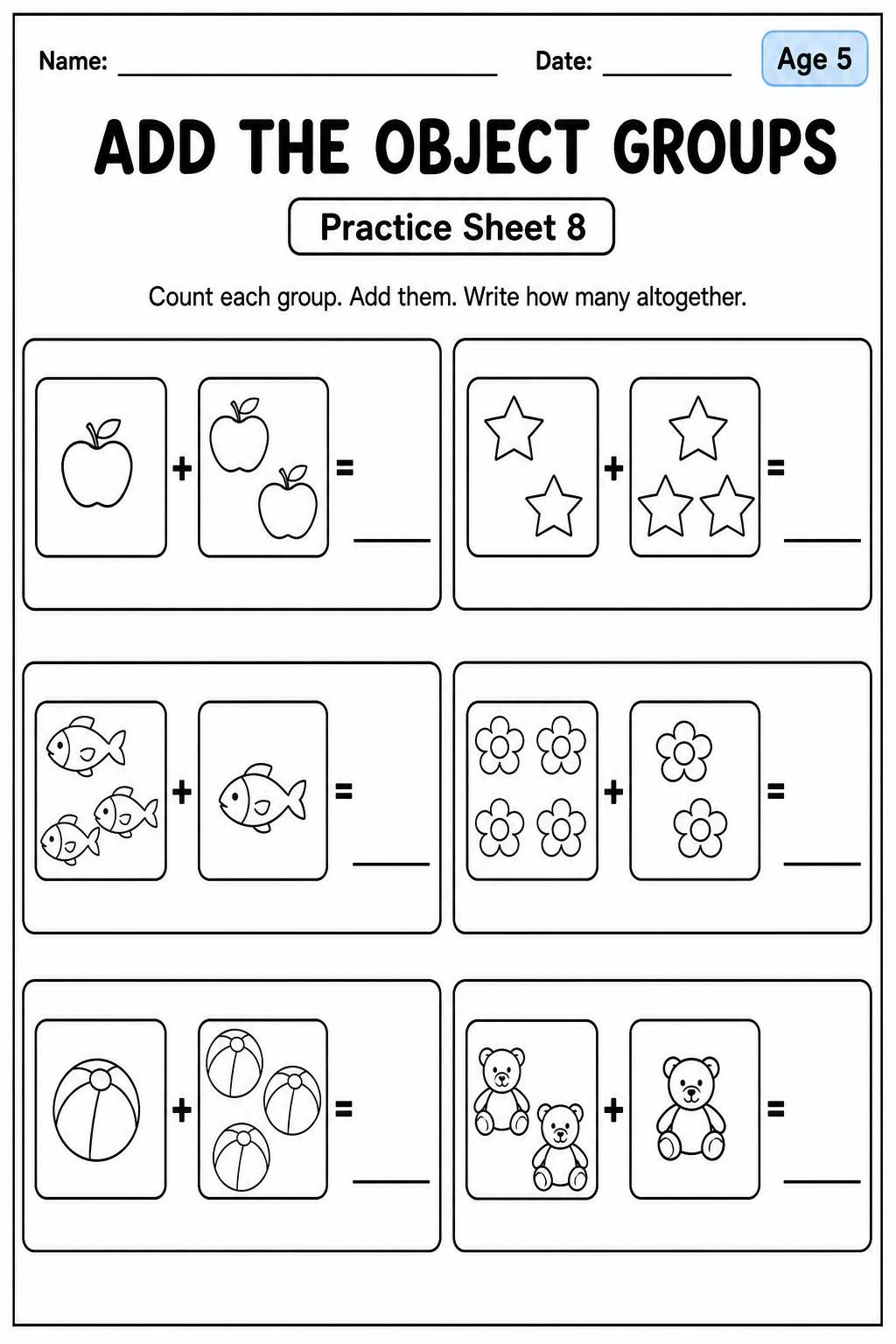 Printable add the object groups practice sheet 3 for age 5