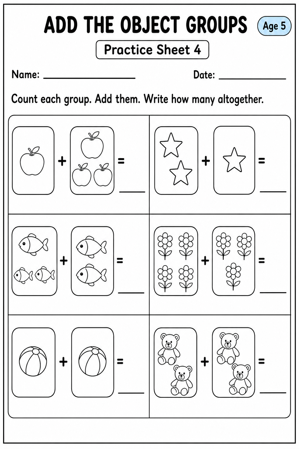Printable add the object groups practice sheet 4 for age 5