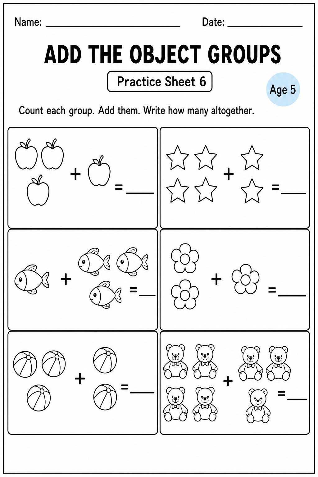 Printable add the object groups practice sheet 5 for age 5