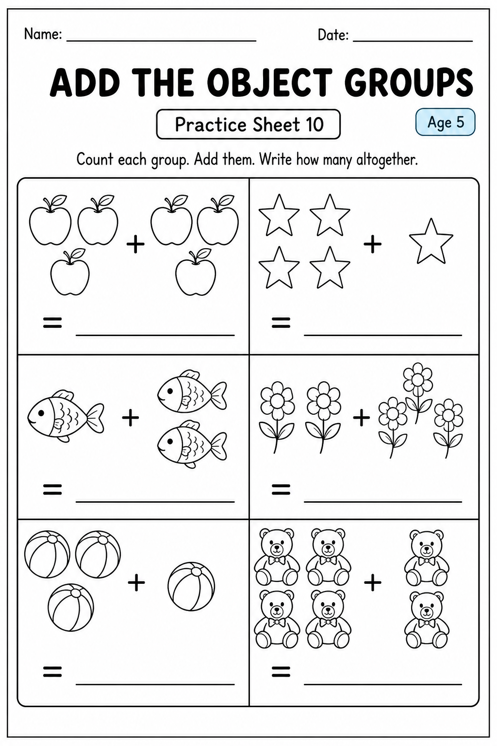 Printable add the object groups practice sheet 6 for age 5