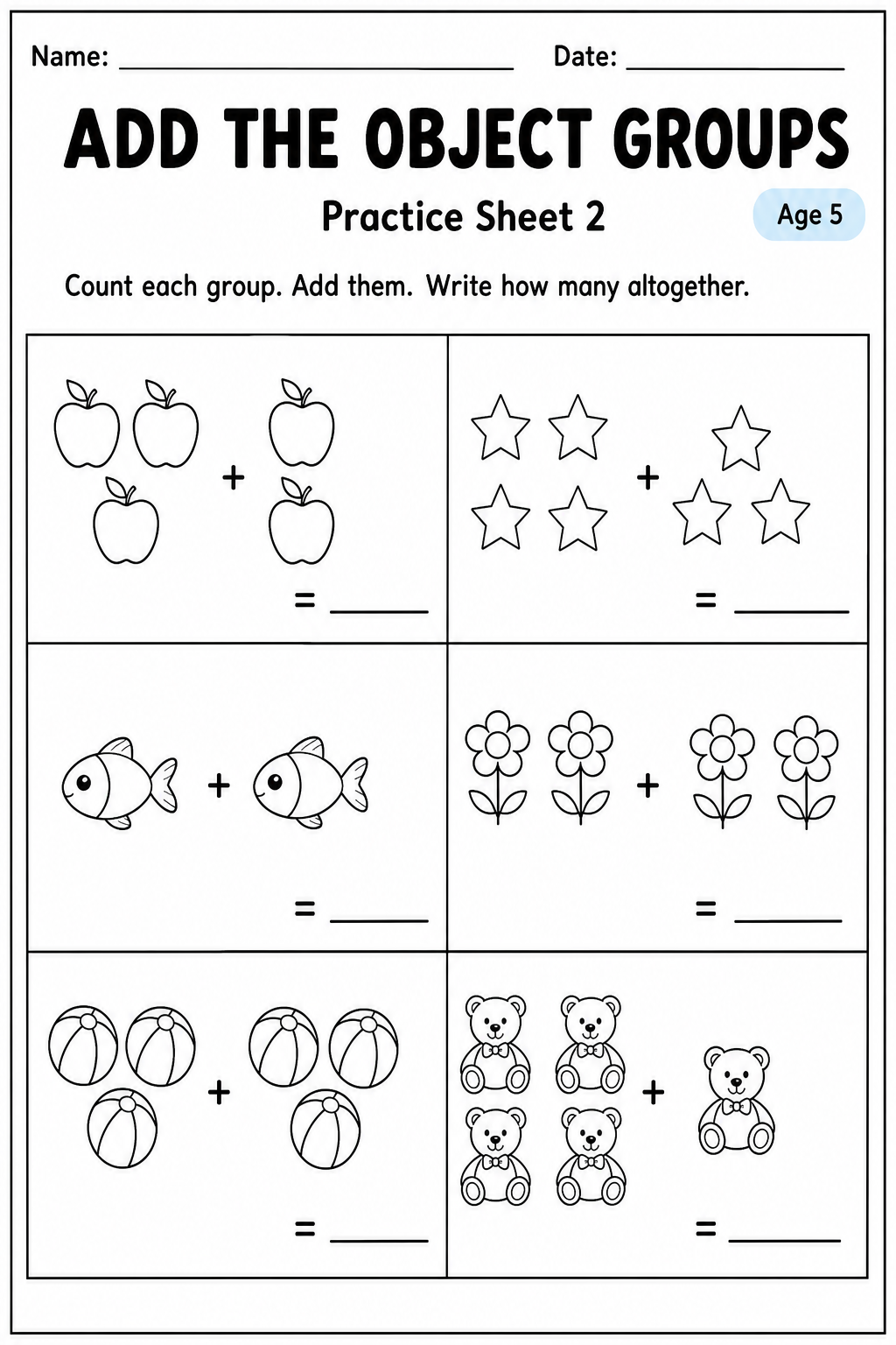 Printable add the object groups practice sheet 7 for age 5