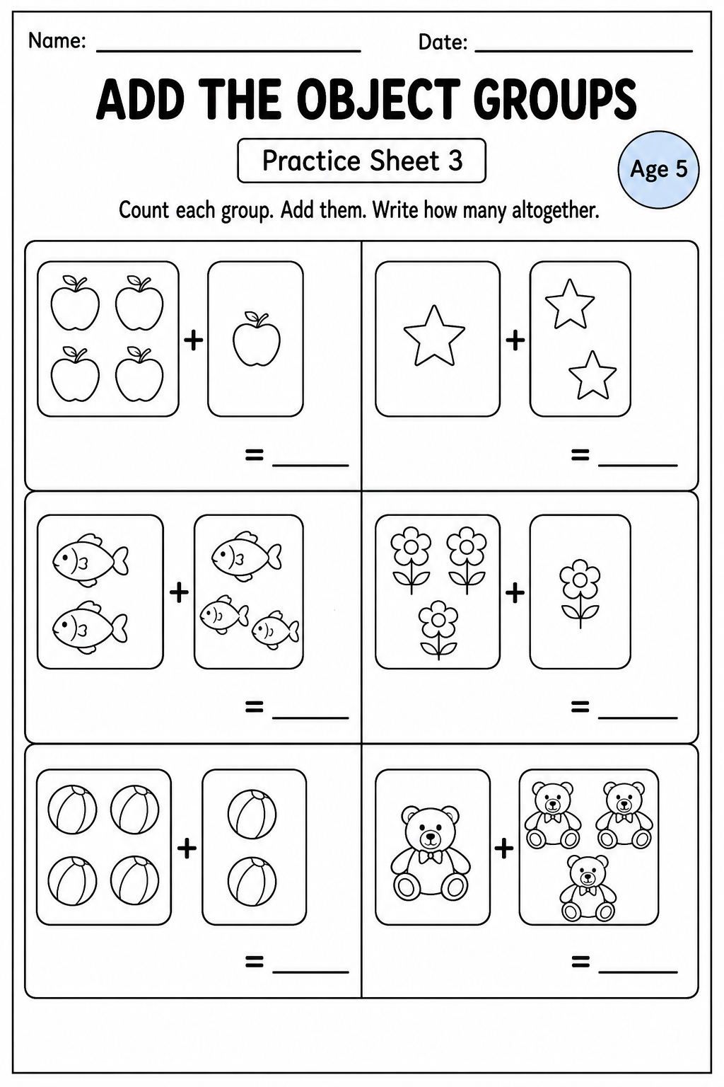 Printable add the object groups practice sheet 8 for age 5