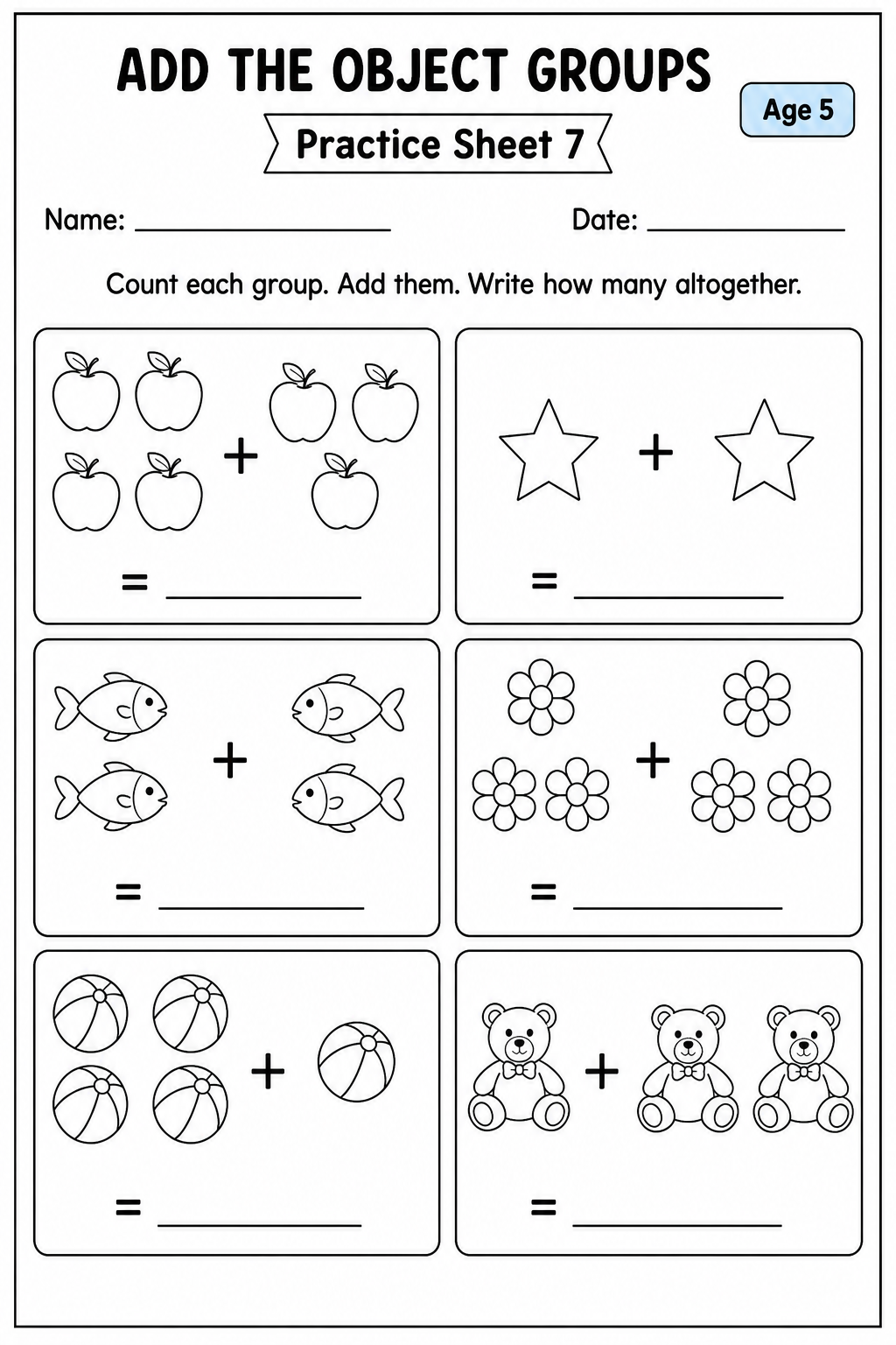 Printable add the object groups practice sheet 9 for age 5