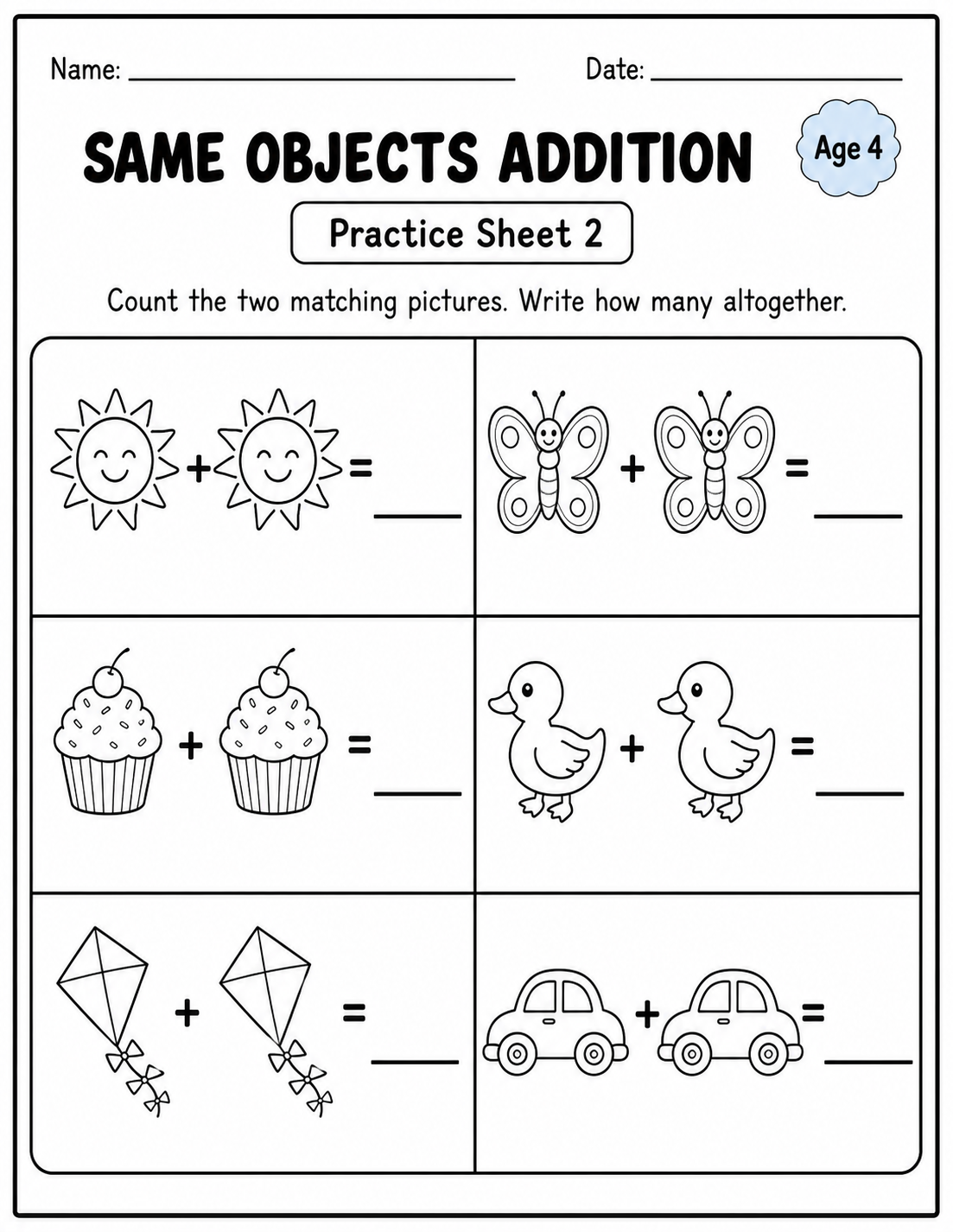 Printable same objects addition practice sheet 2 for age 4
