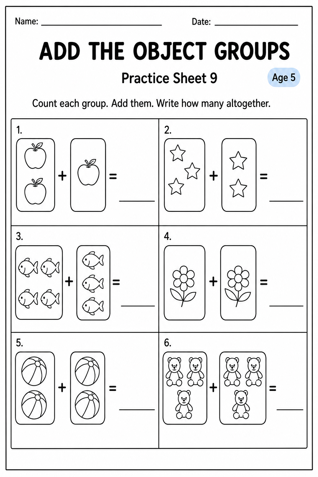 Printable add the object groups practice sheet 10 for age 5