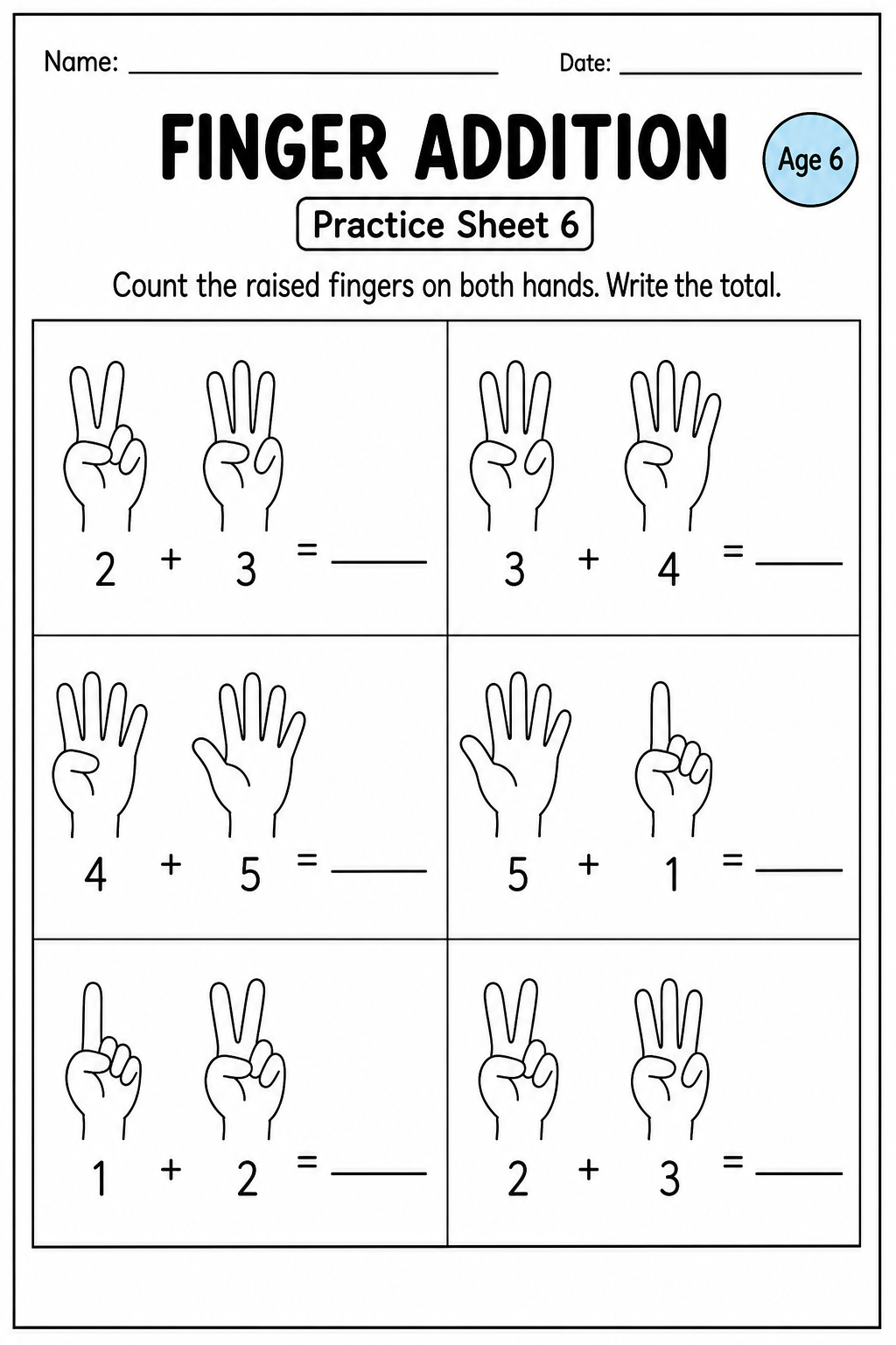 Printable finger addition practice sheet 1 for age 6