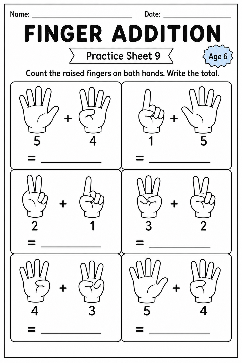 Printable finger addition practice sheet 2 for age 6