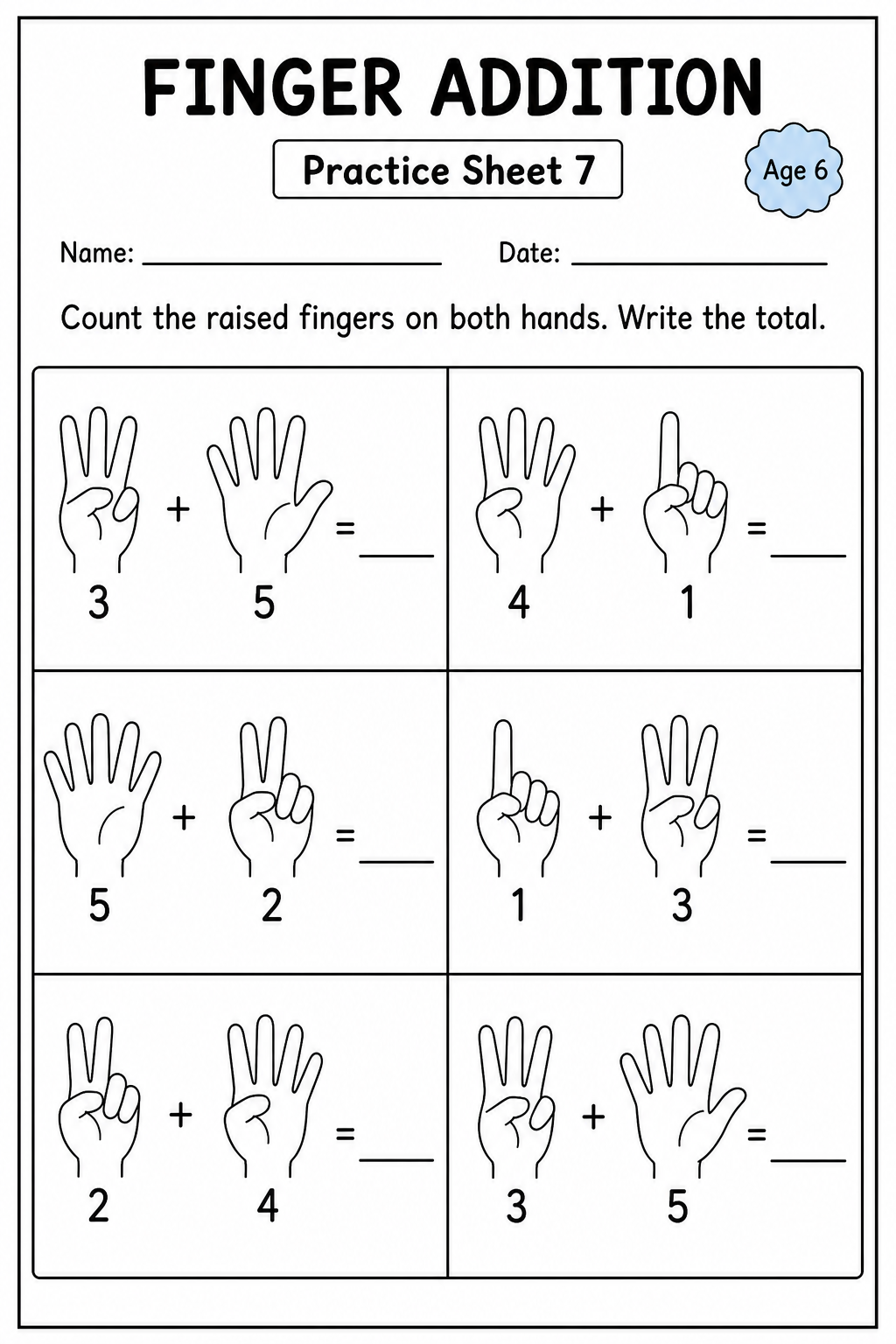 Printable finger addition practice sheet 3 for age 6