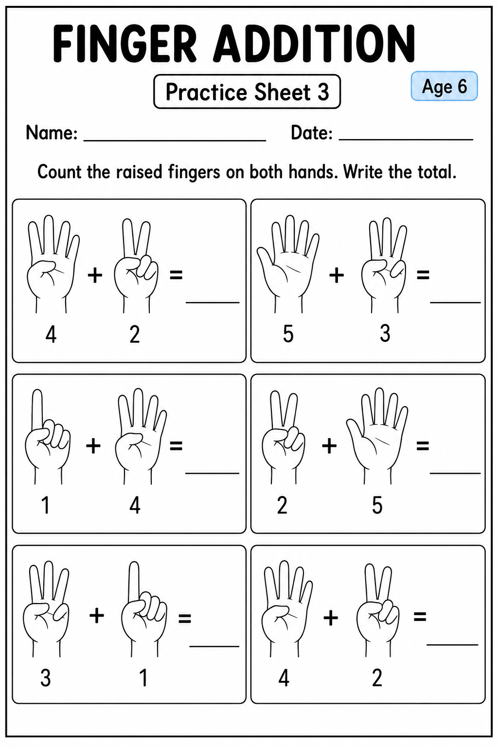 Printable finger addition practice sheet 4 for age 6