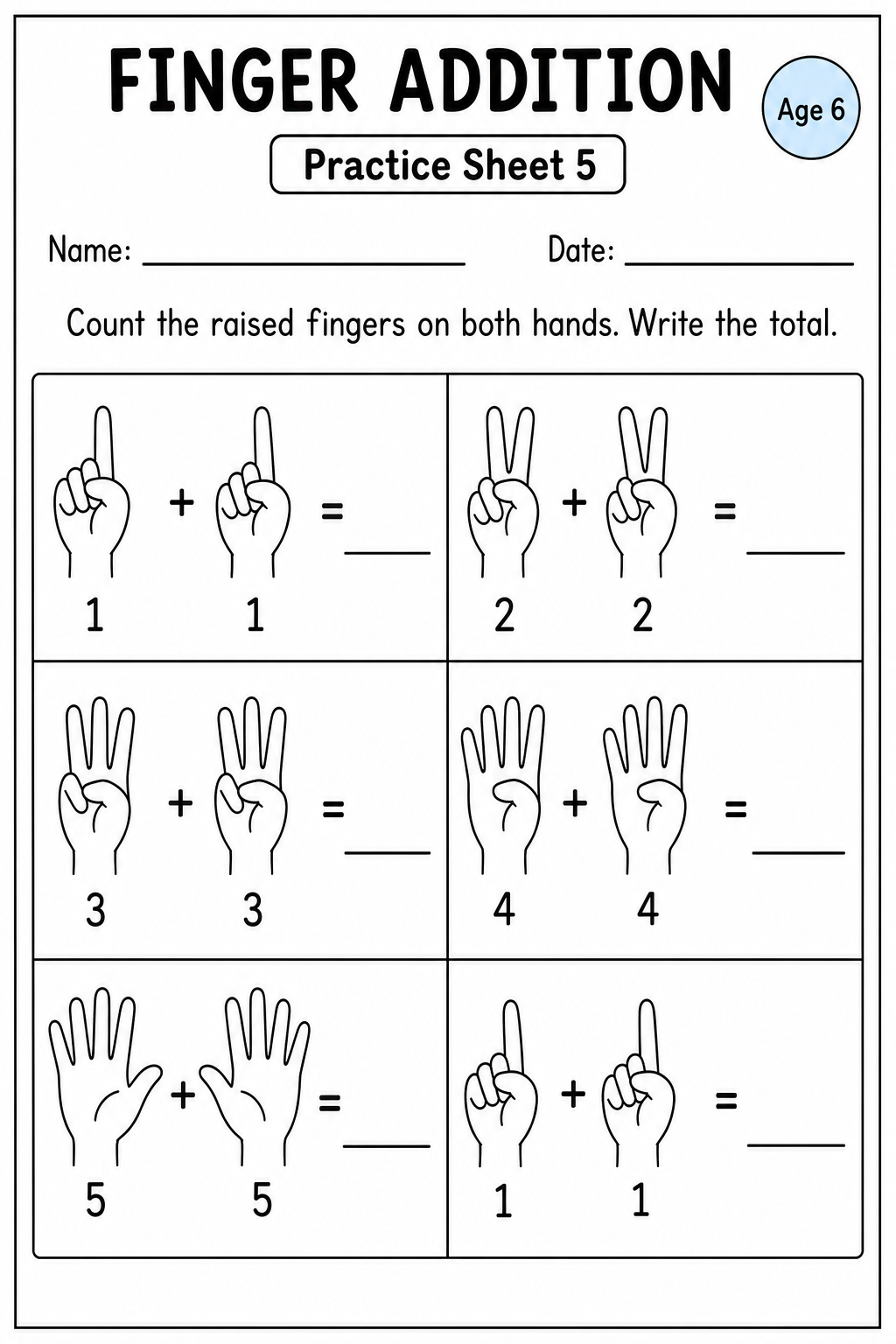 Printable finger addition practice sheet 5 for age 6