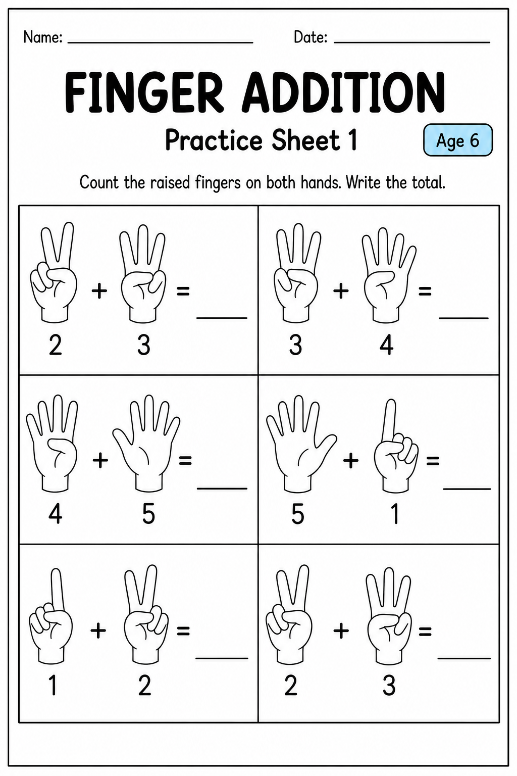 Printable finger addition practice sheet 6 for age 6