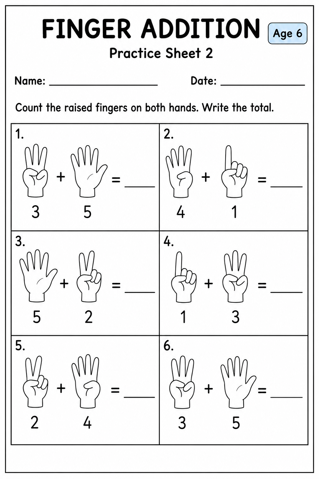 Printable finger addition practice sheet 7 for age 6