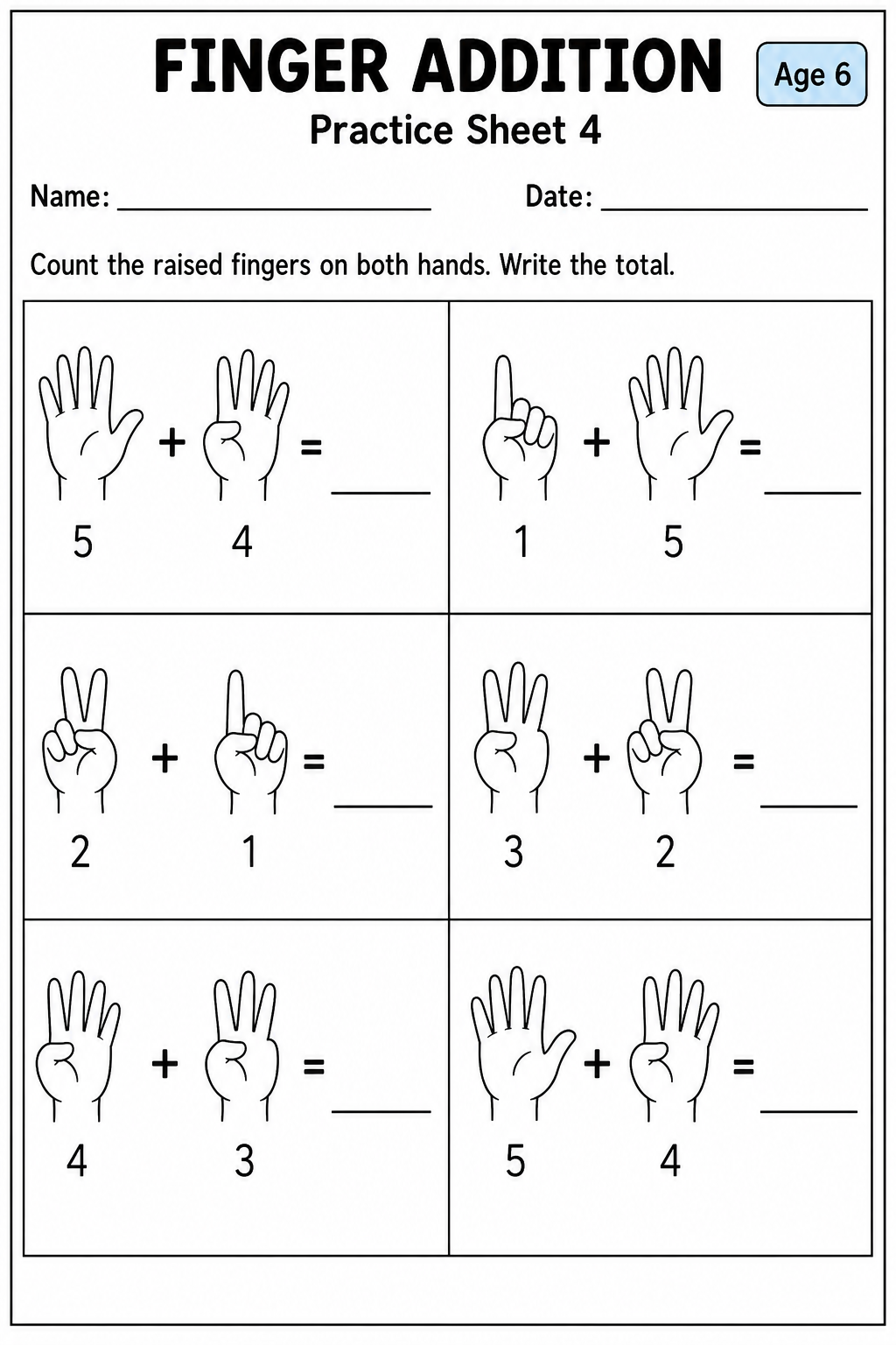 Printable finger addition practice sheet 8 for age 6
