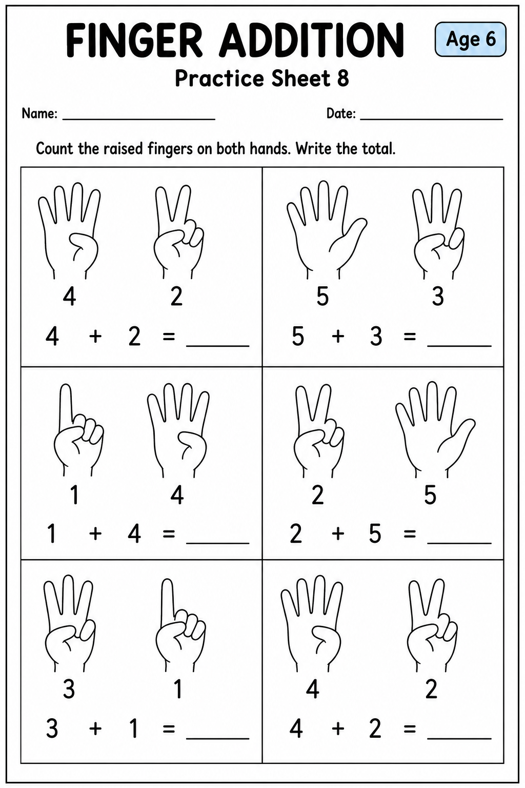 Printable finger addition practice sheet 9 for age 6