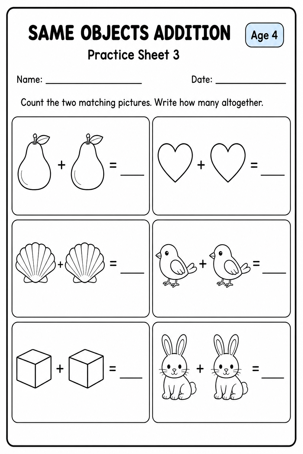 Printable same objects addition practice sheet 3 for age 4