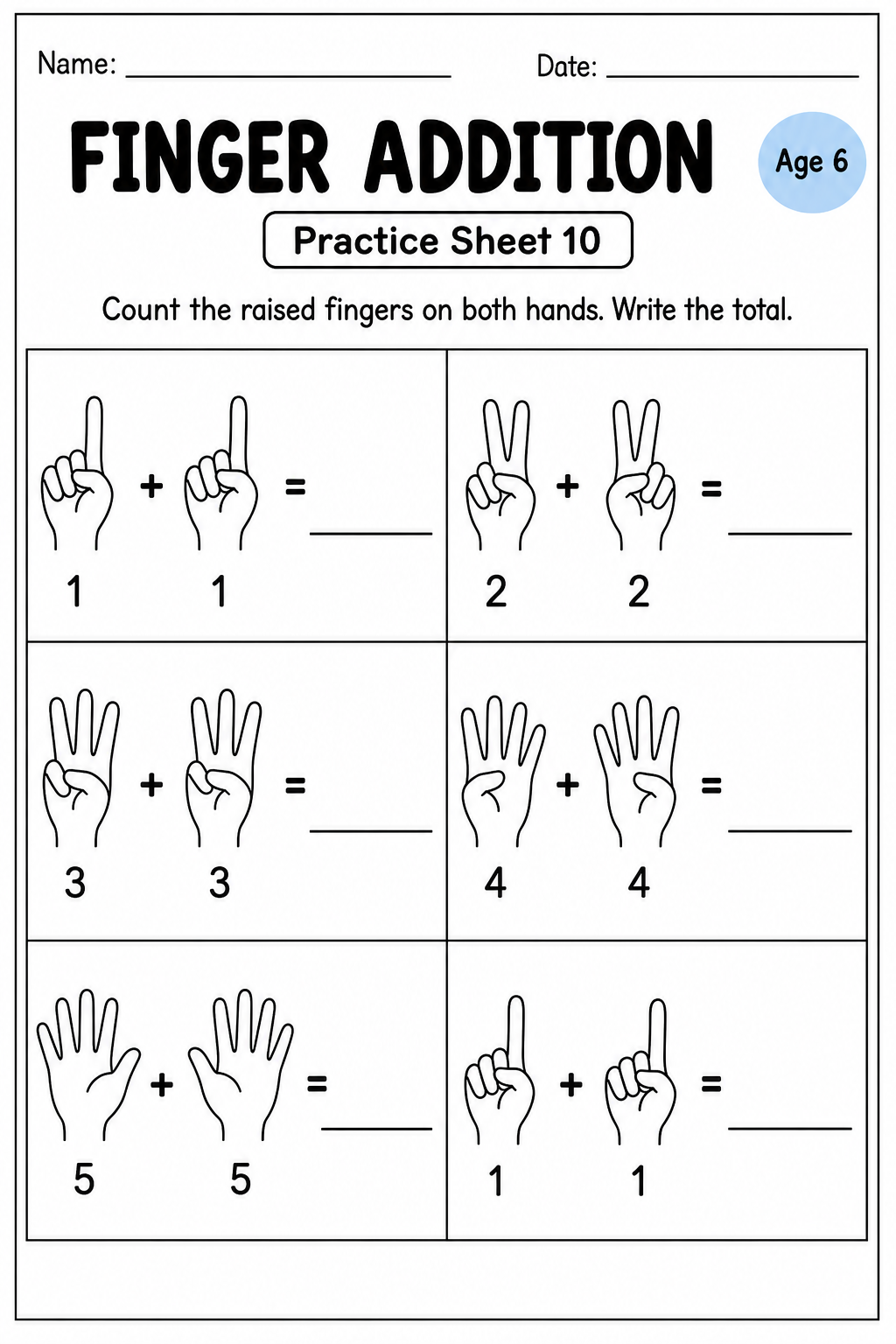 Printable finger addition practice sheet 10 for age 6