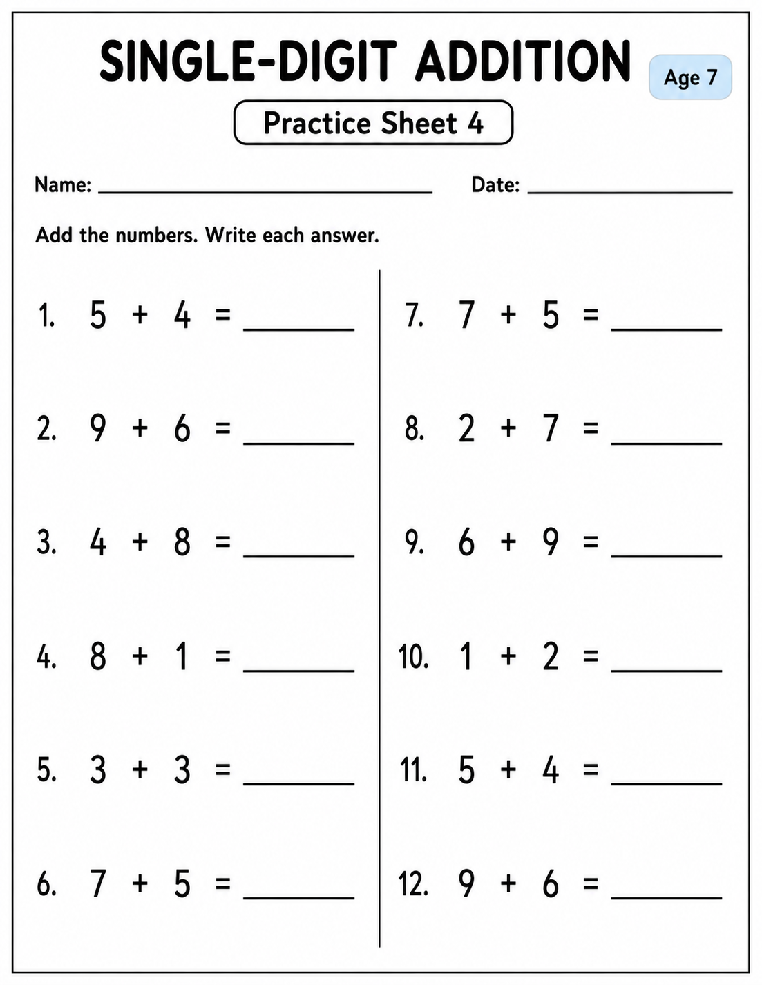 Printable single-digit addition practice sheet 1 for age 7