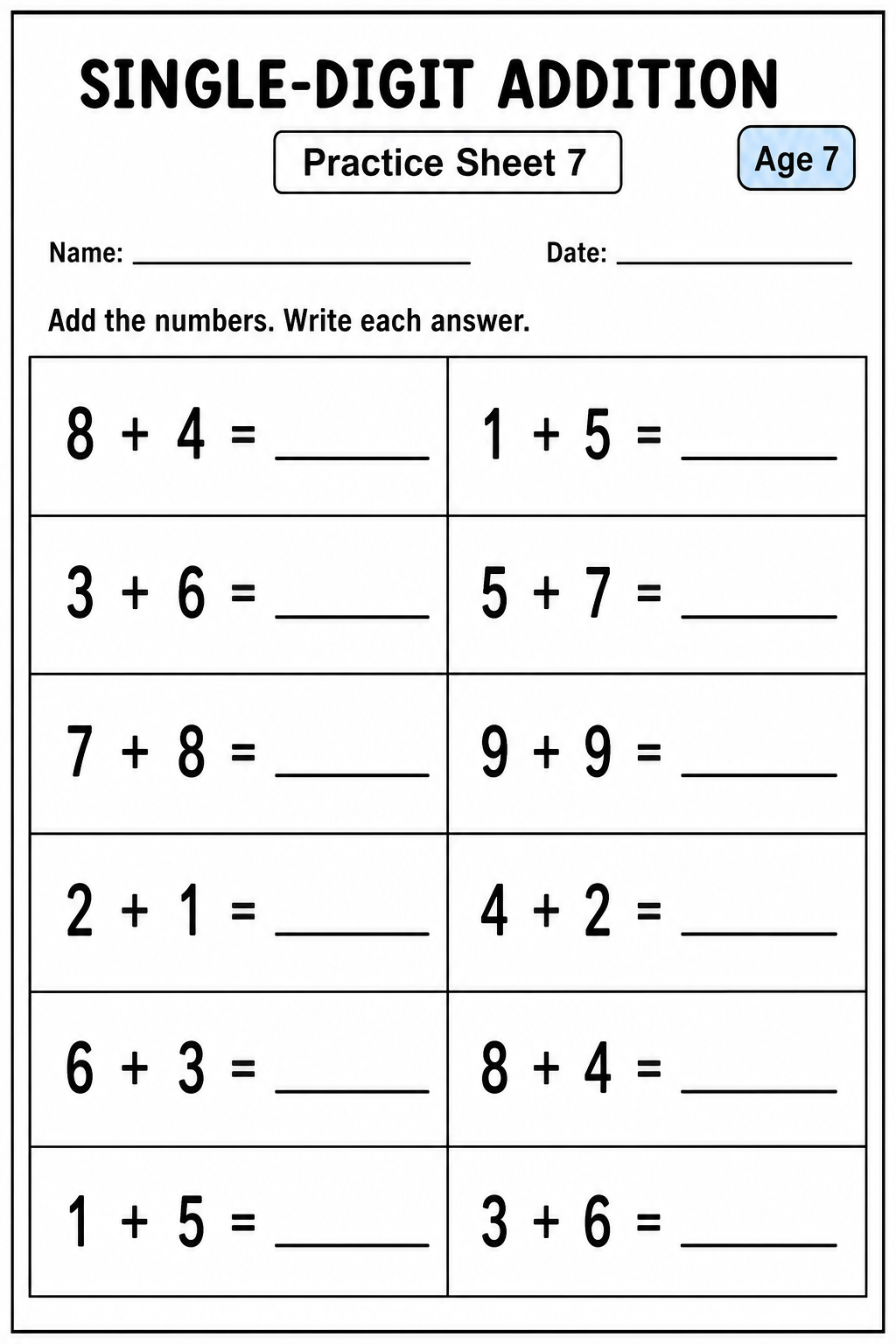 Printable single-digit addition practice sheet 2 for age 7