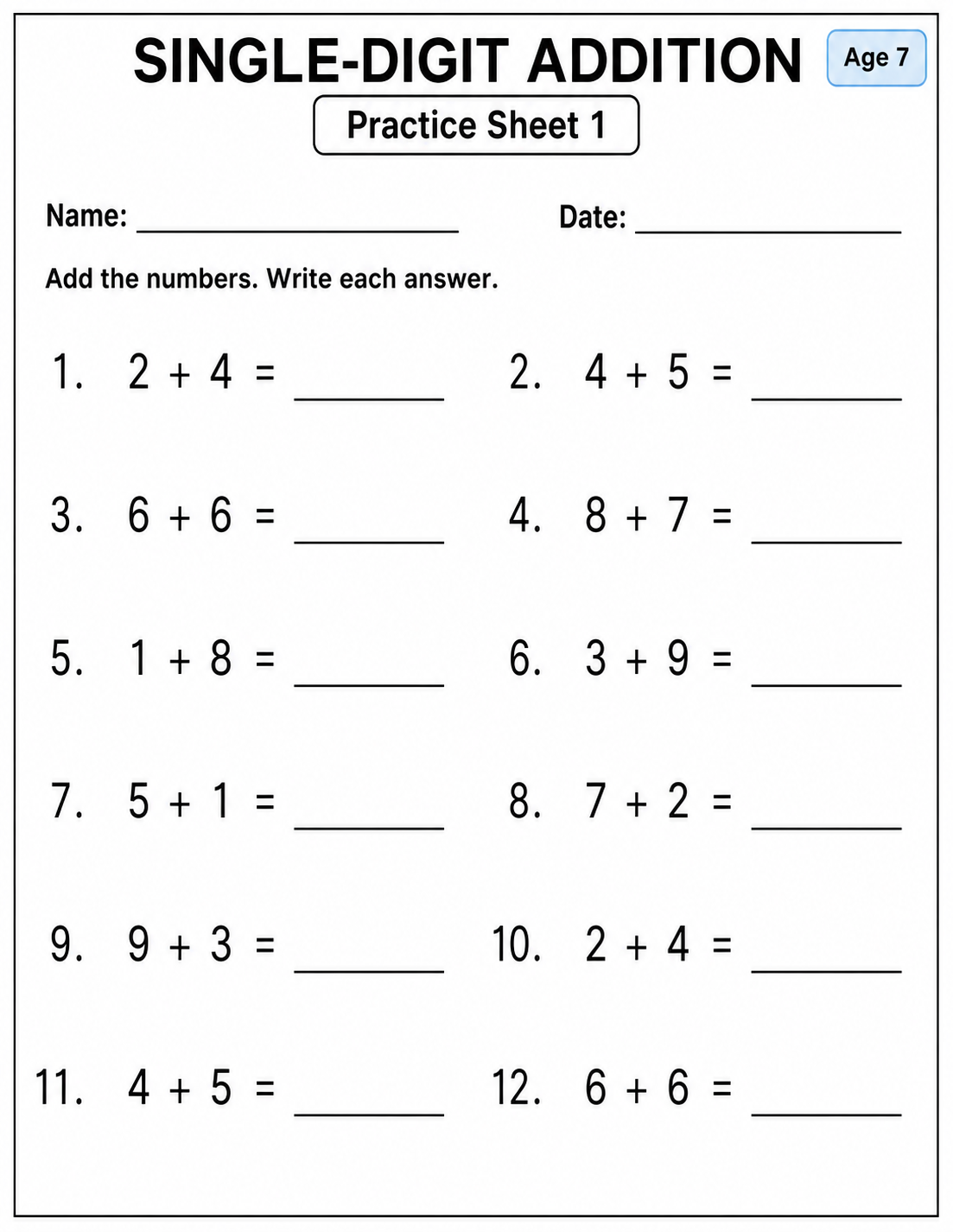 Printable single-digit addition practice sheet 3 for age 7