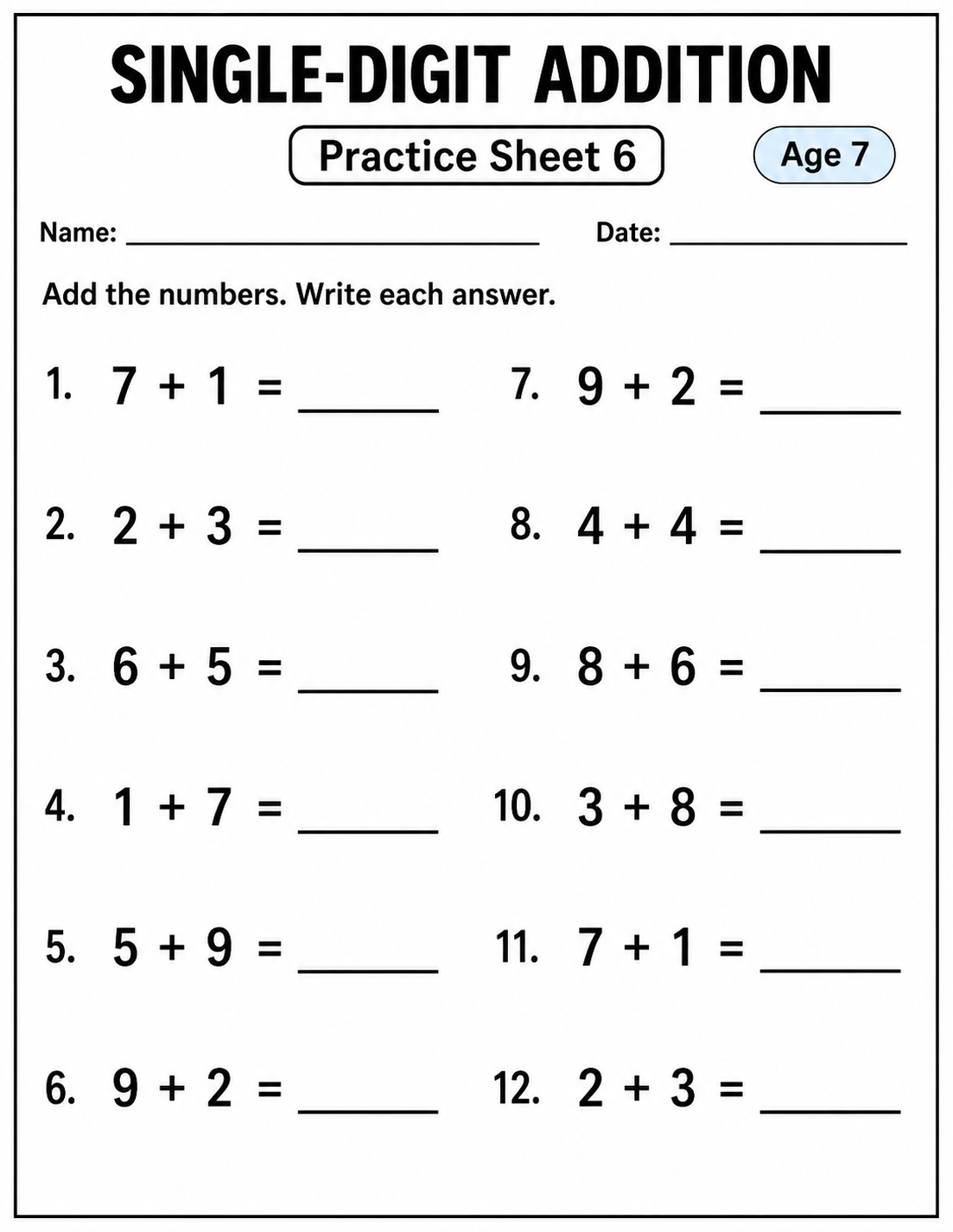Printable single-digit addition practice sheet 4 for age 7