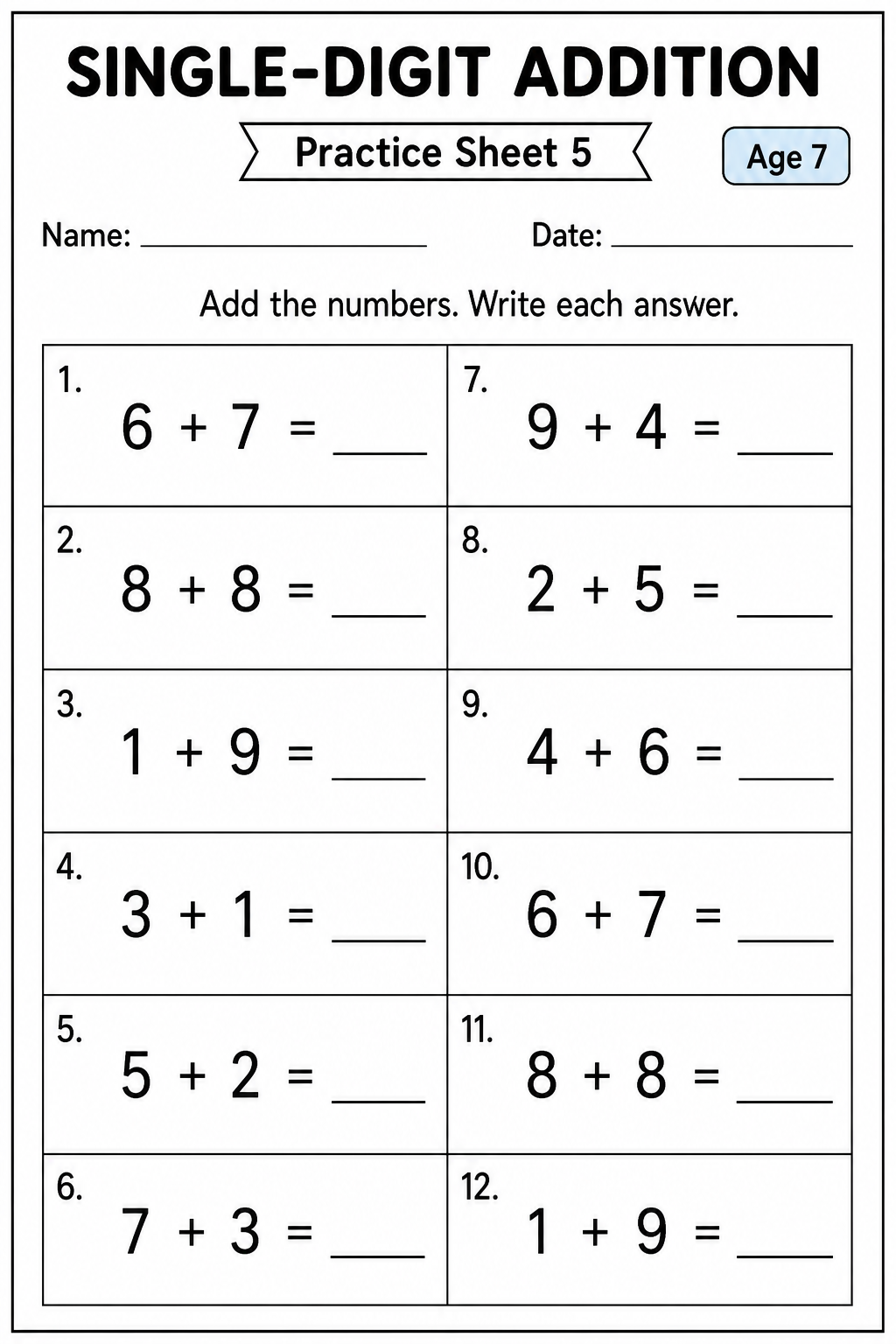 Printable single-digit addition practice sheet 5 for age 7