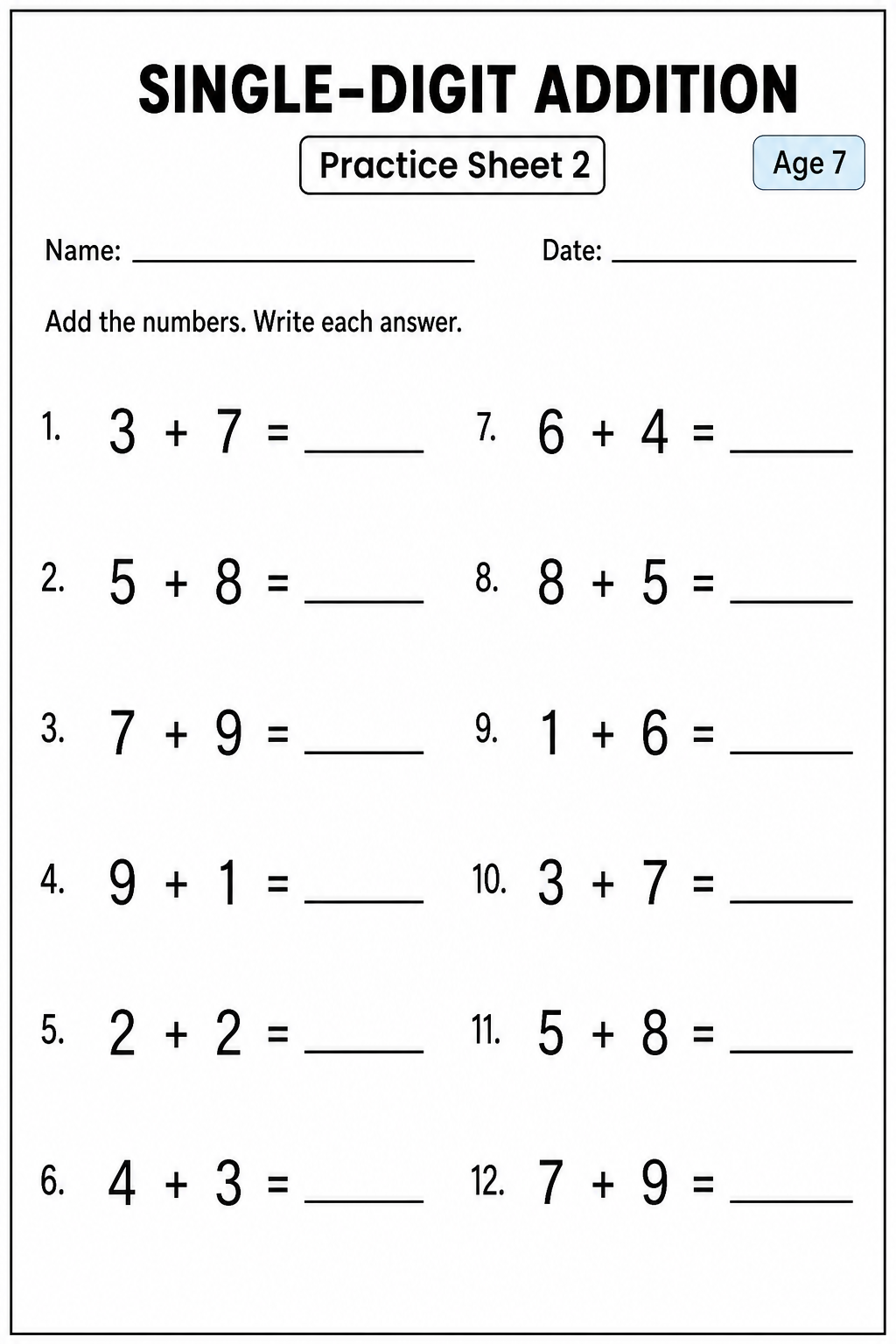 Printable single-digit addition practice sheet 6 for age 7