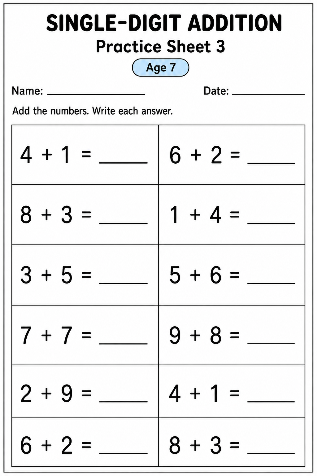 Printable single-digit addition practice sheet 7 for age 7