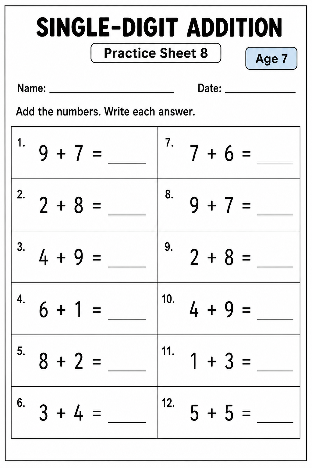 Printable single-digit addition practice sheet 8 for age 7