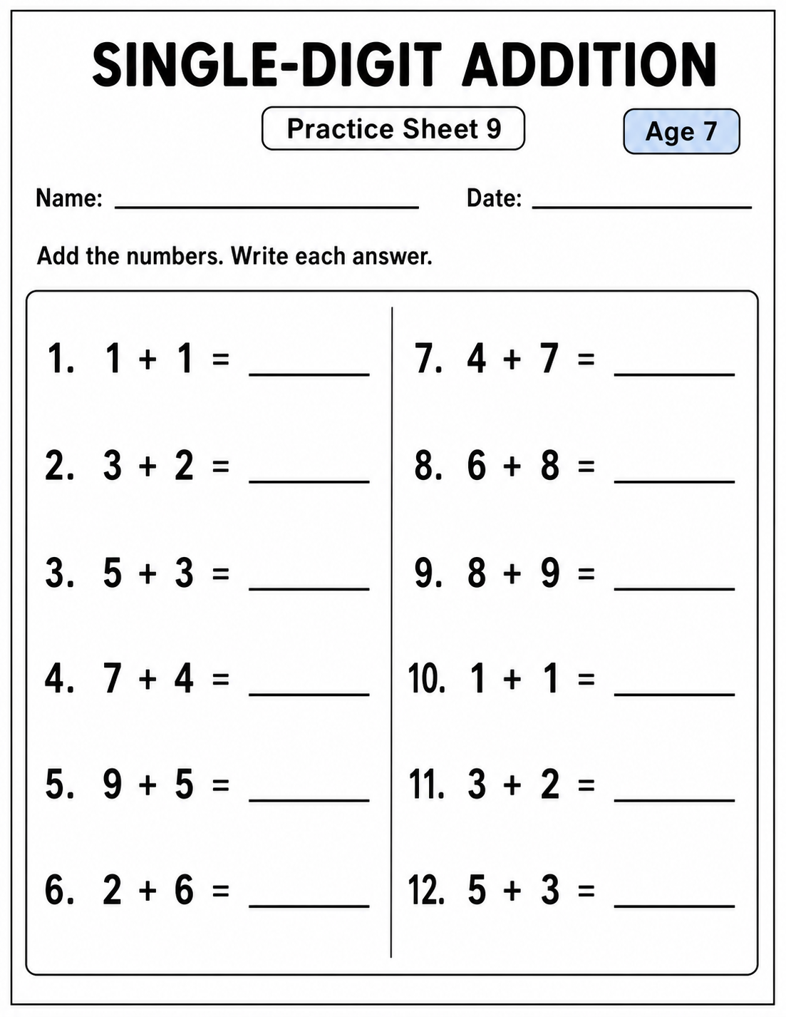 Printable single-digit addition practice sheet 9 for age 7
