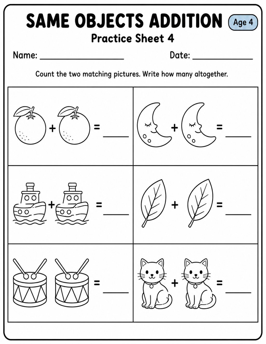 Printable same objects addition practice sheet 4 for age 4