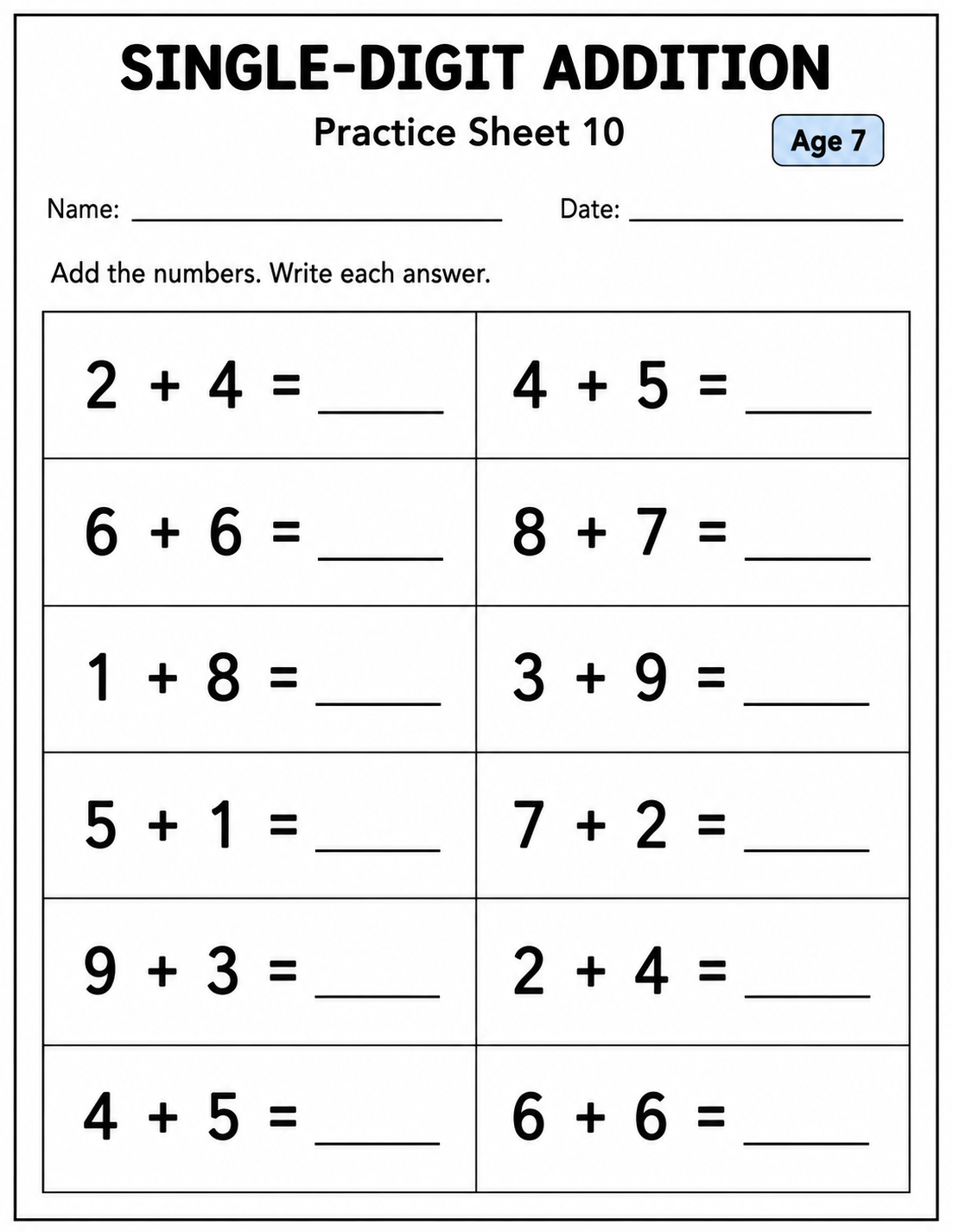 Printable single-digit addition practice sheet 10 for age 7