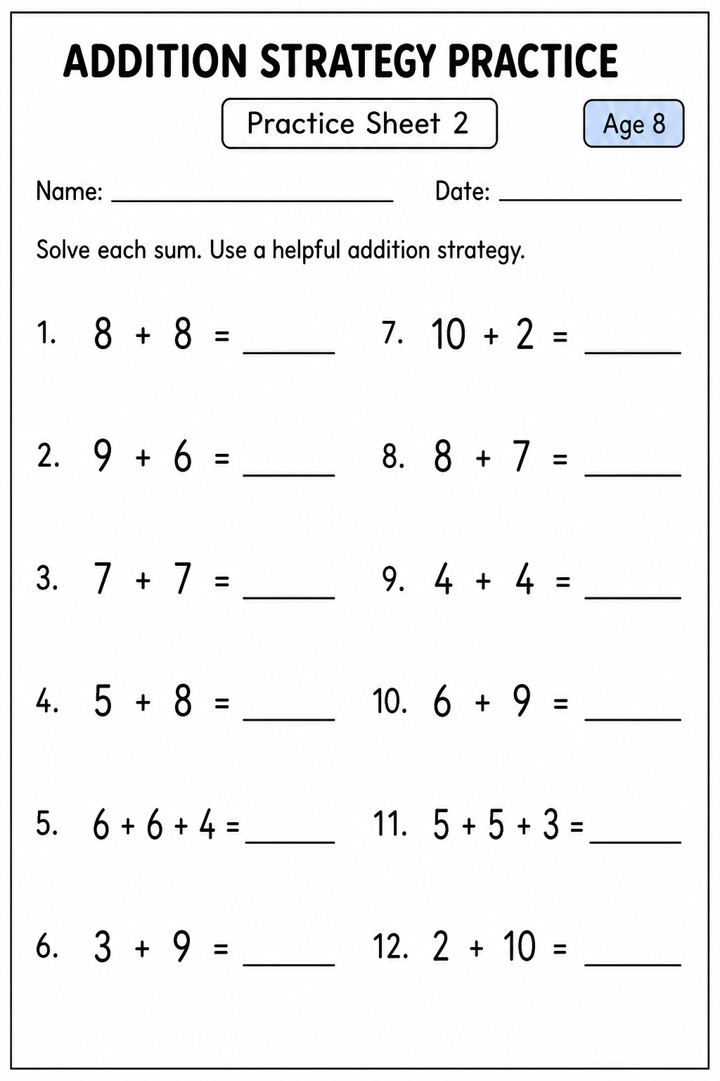 Printable addition strategy practice sheet 2 for age 8