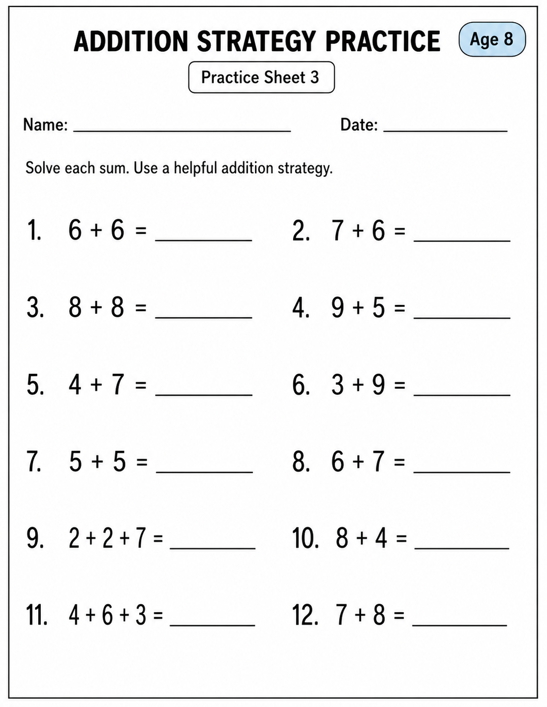 Printable addition strategy practice sheet 3 for age 8