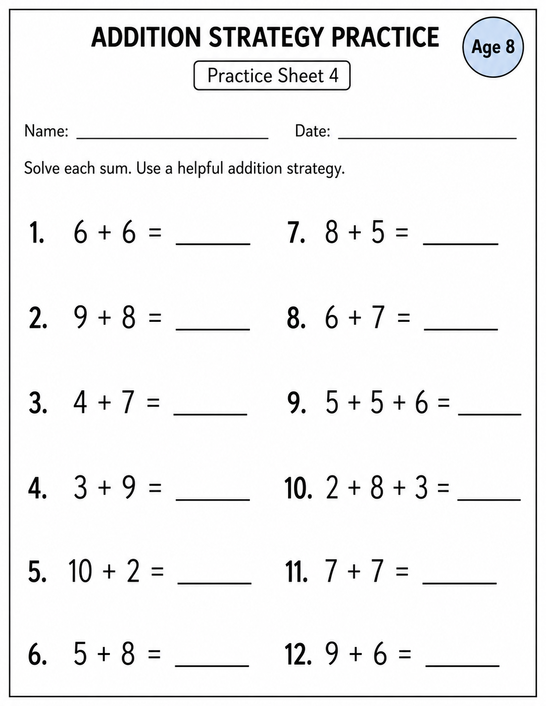 Printable addition strategy practice sheet 4 for age 8