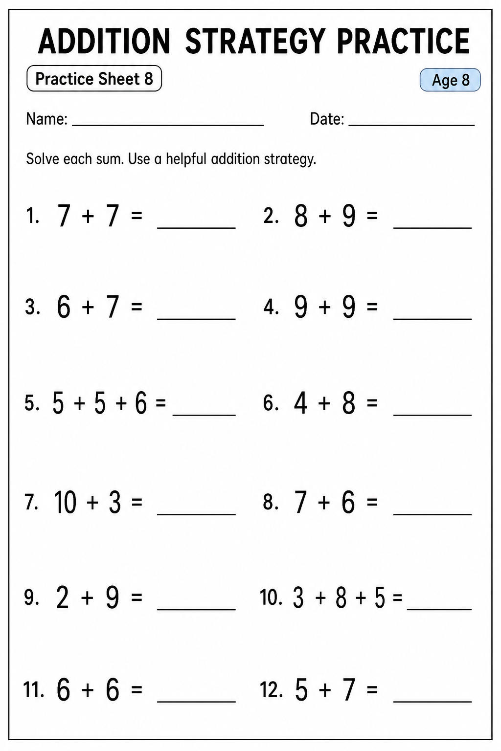 Printable addition strategy practice sheet 8 for age 8