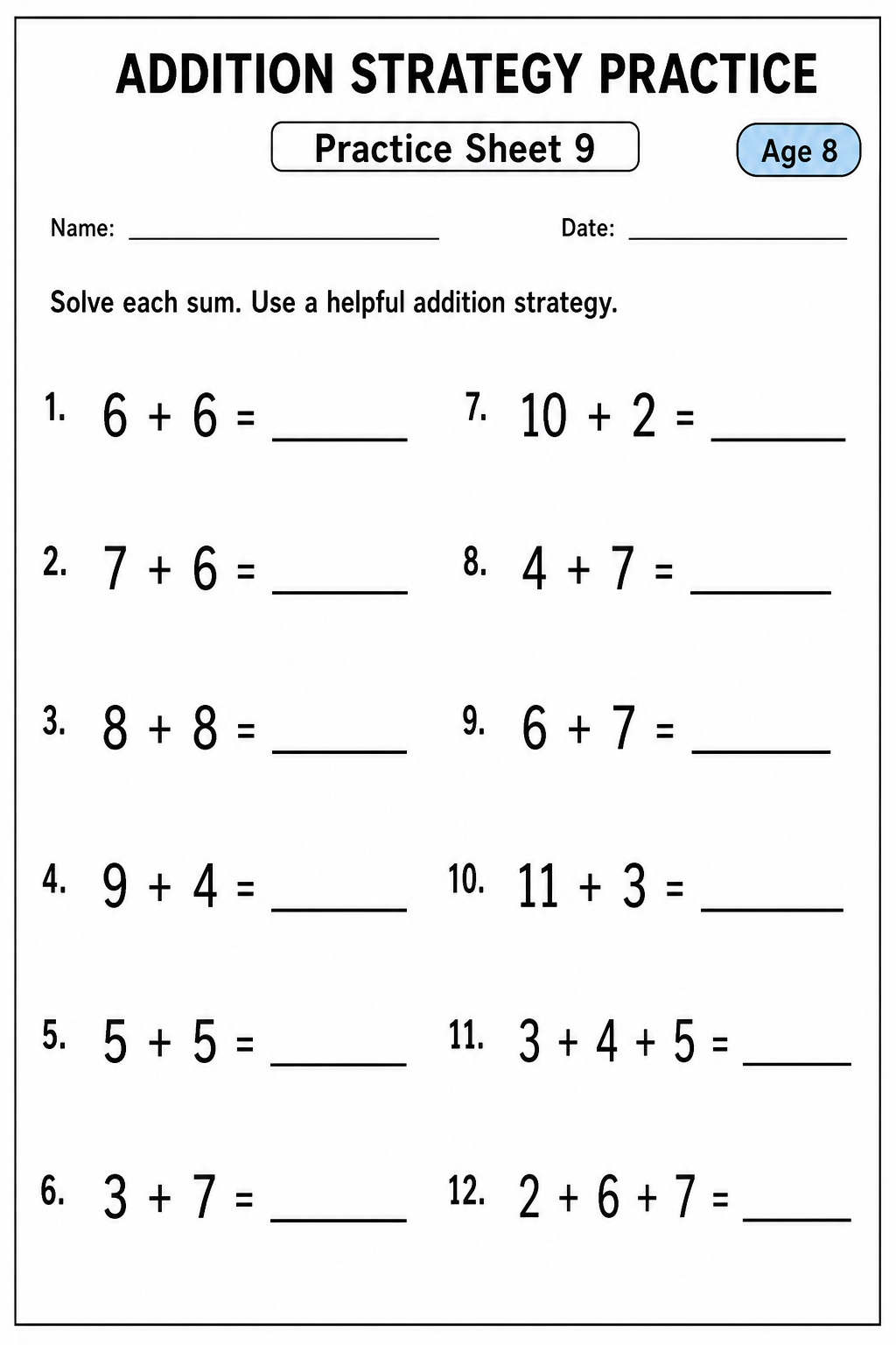 Printable addition strategy practice sheet 9 for age 8