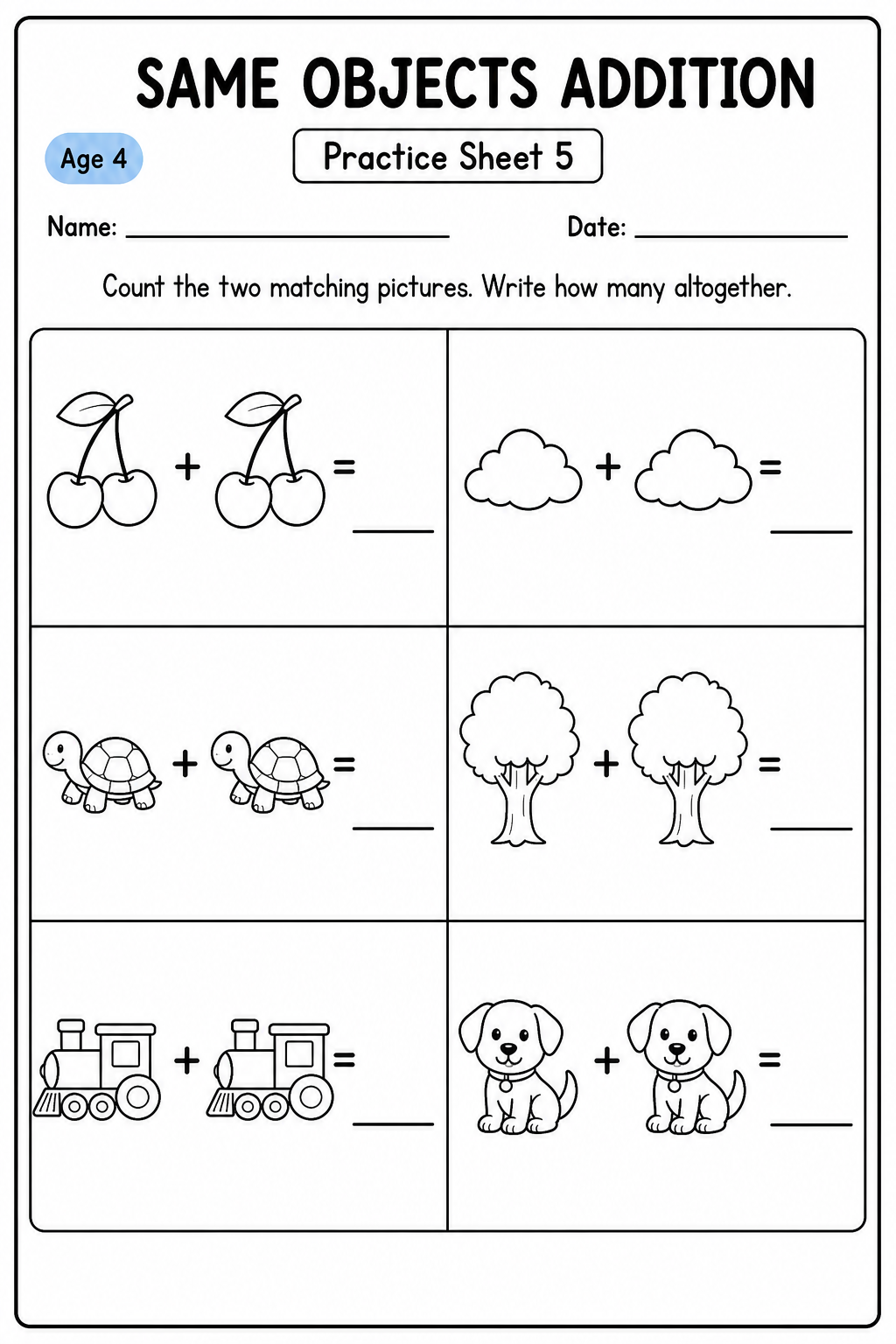 Printable same objects addition practice sheet 5 for age 4