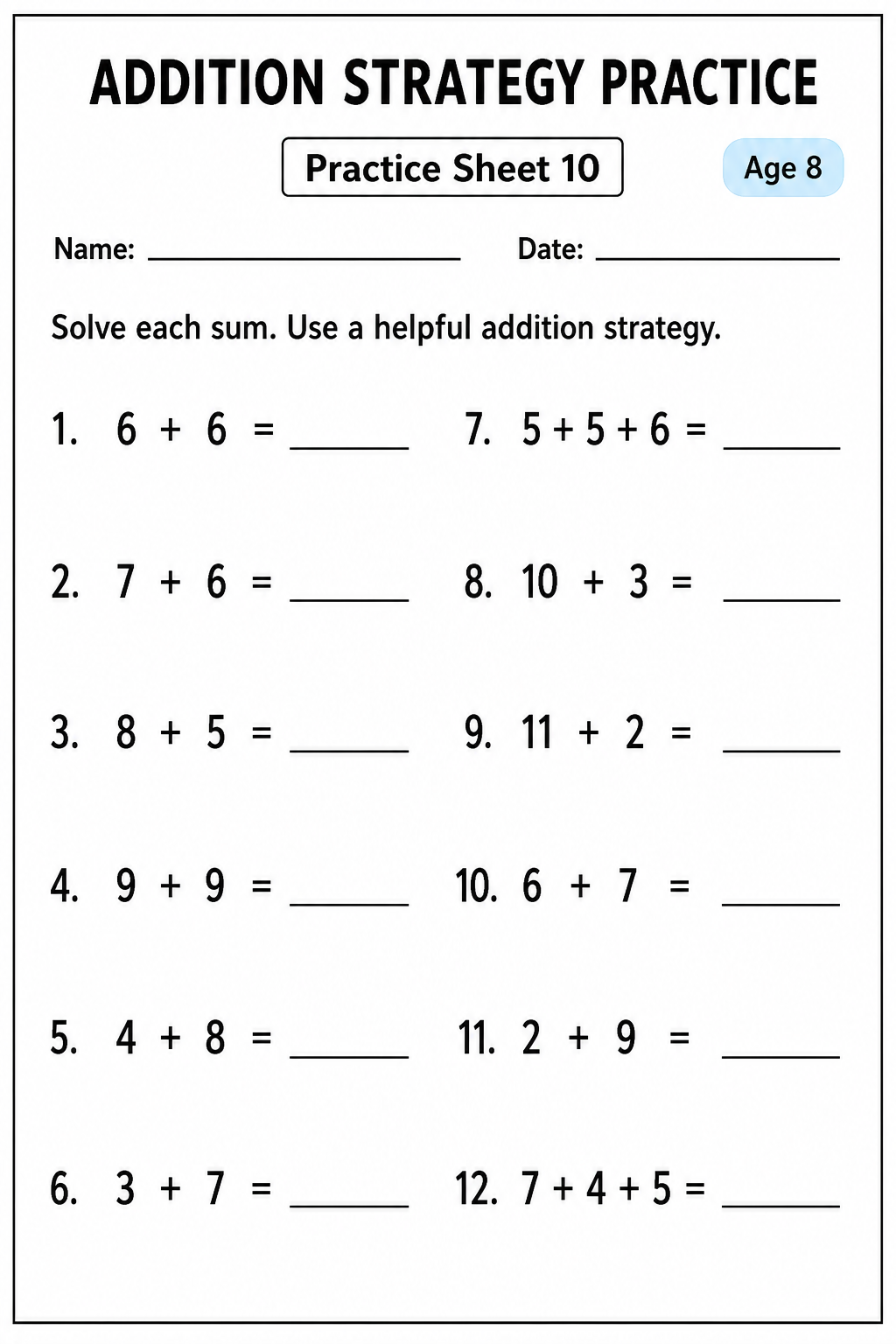 Printable addition strategy practice sheet 10 for age 8