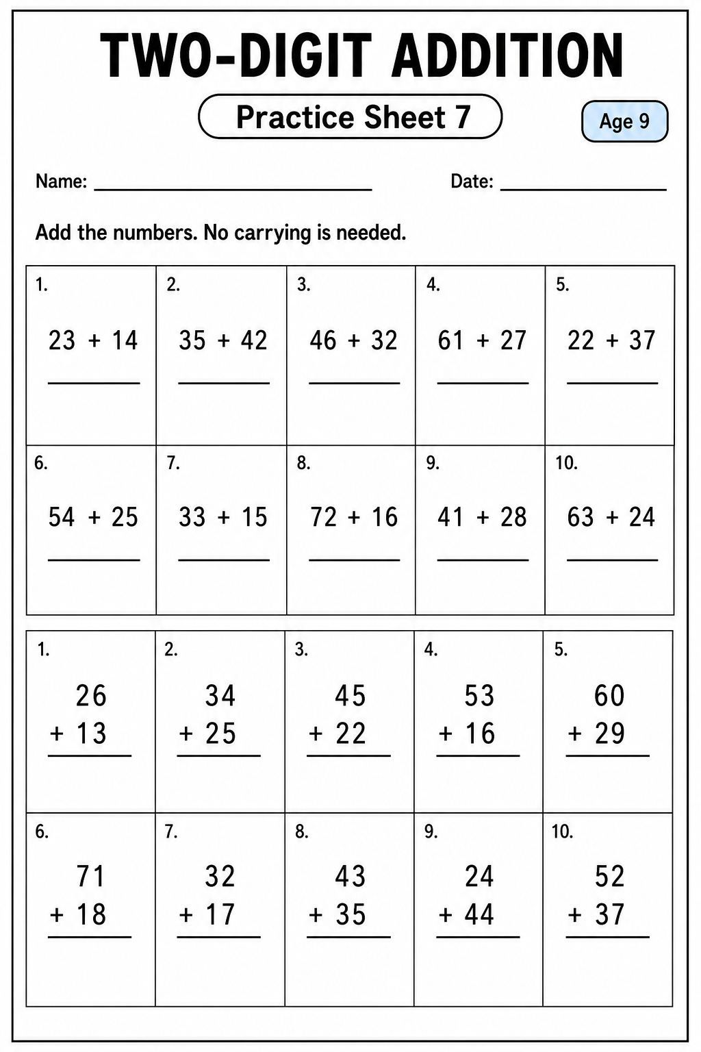 Printable two-digit addition without carrying practice sheet 1 for age 9