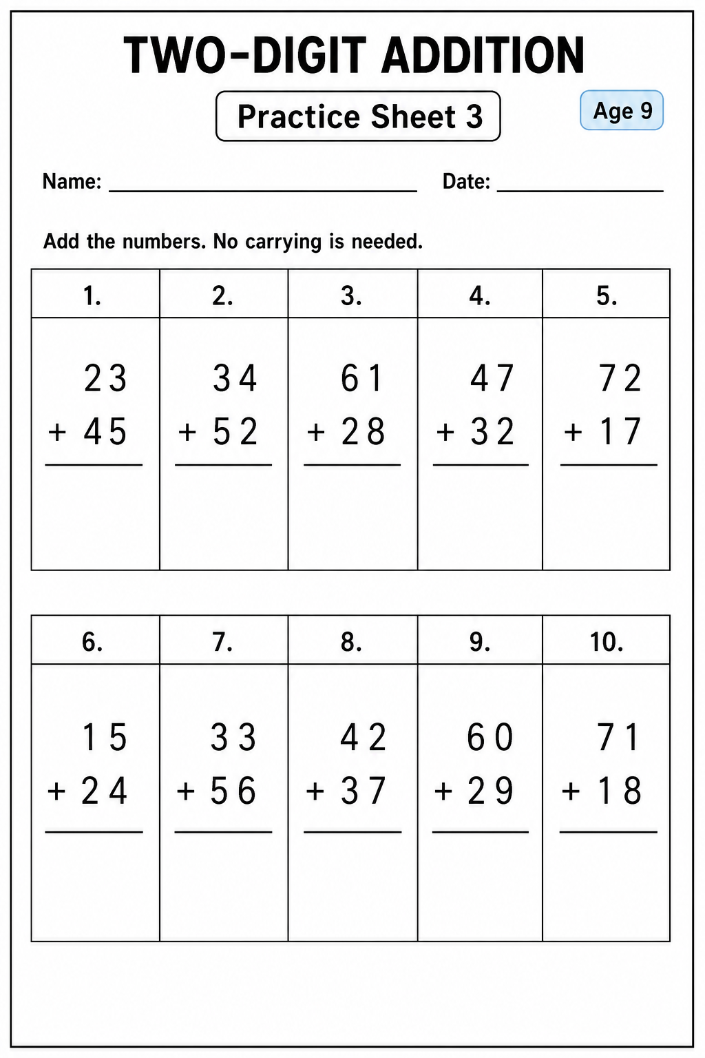 Printable two-digit addition without carrying practice sheet 2 for age 9