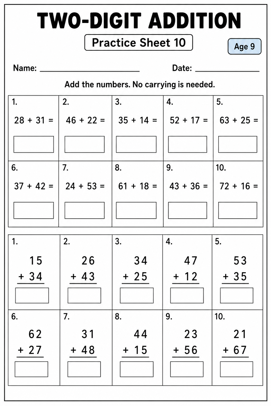Printable two-digit addition without carrying practice sheet 3 for age 9