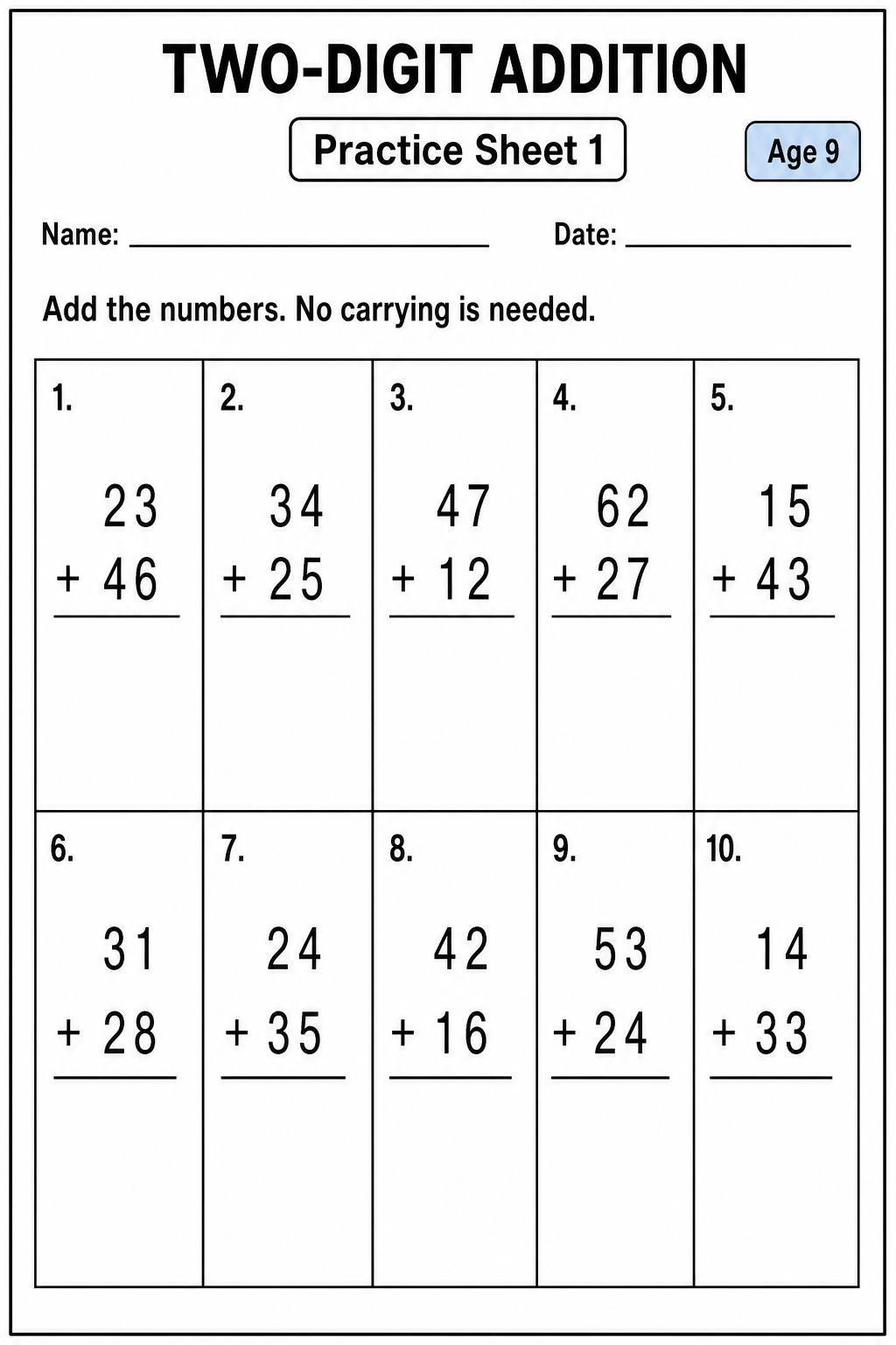 Printable two-digit addition without carrying practice sheet 4 for age 9