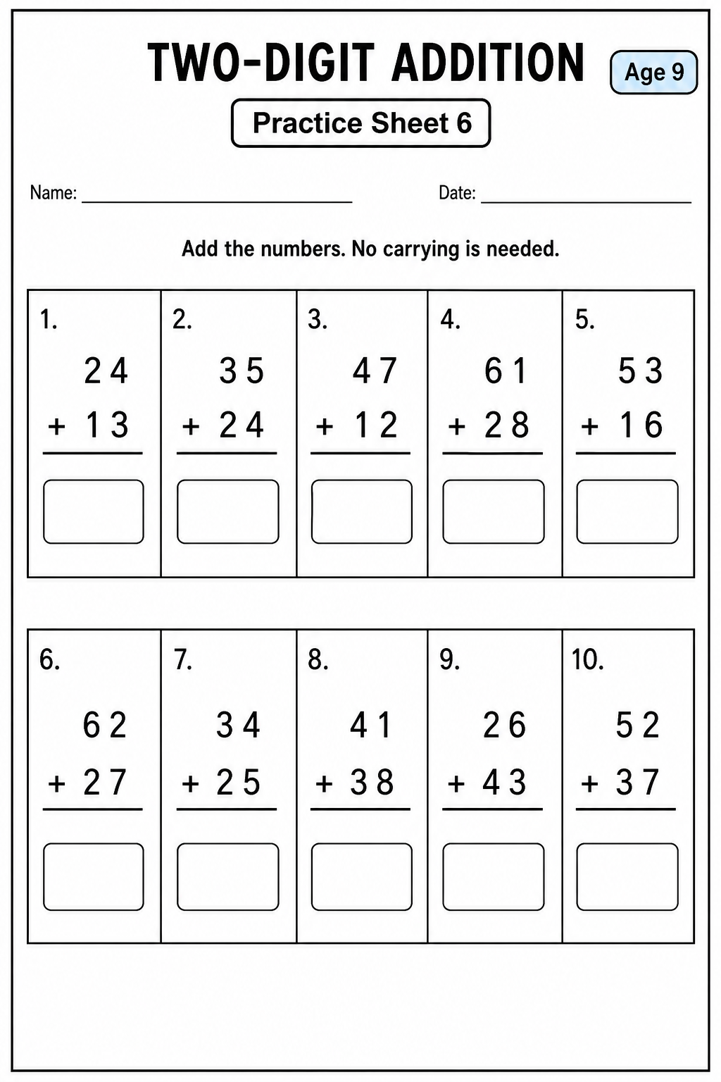 Printable two-digit addition without carrying practice sheet 5 for age 9