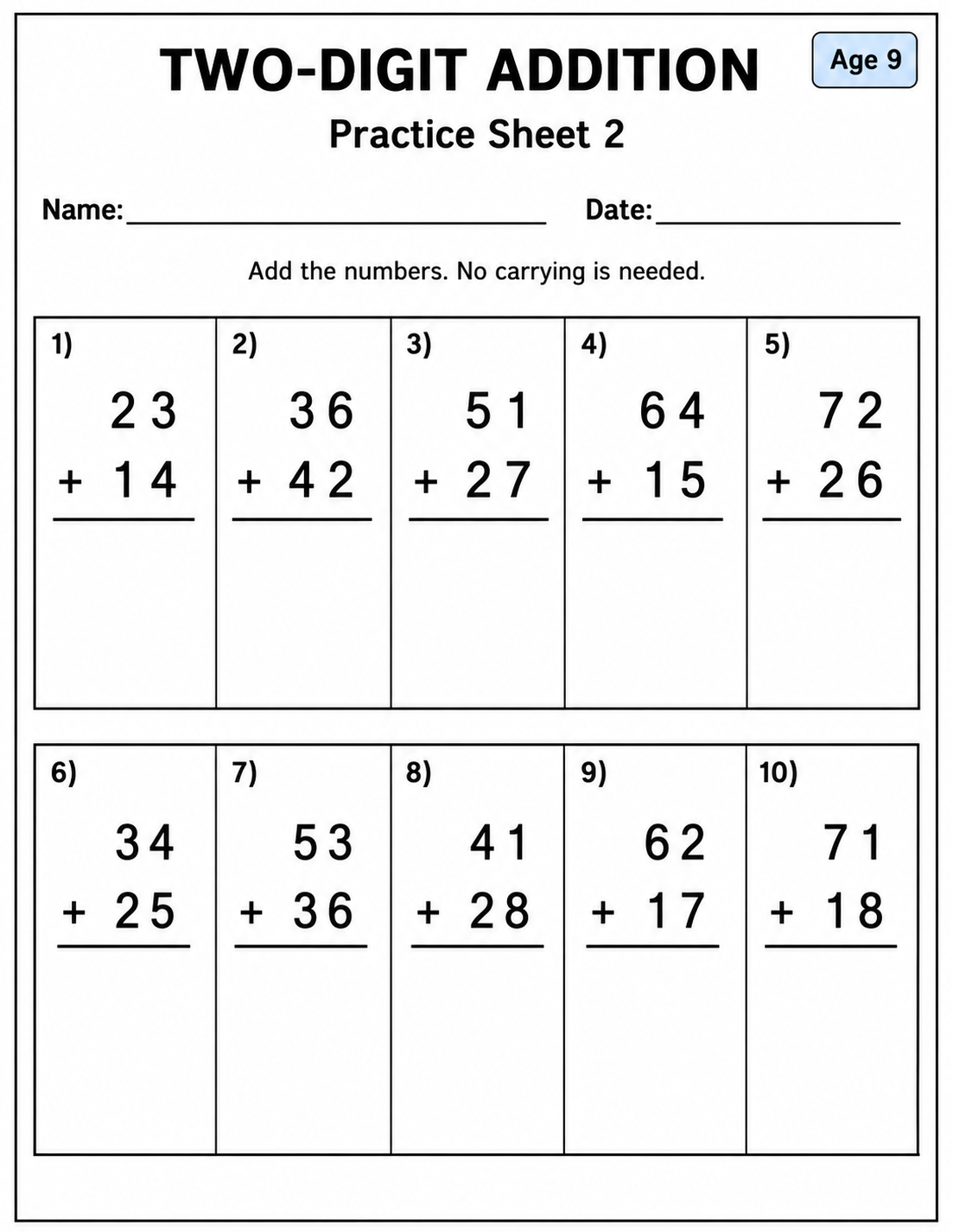 Printable two-digit addition without carrying practice sheet 6 for age 9