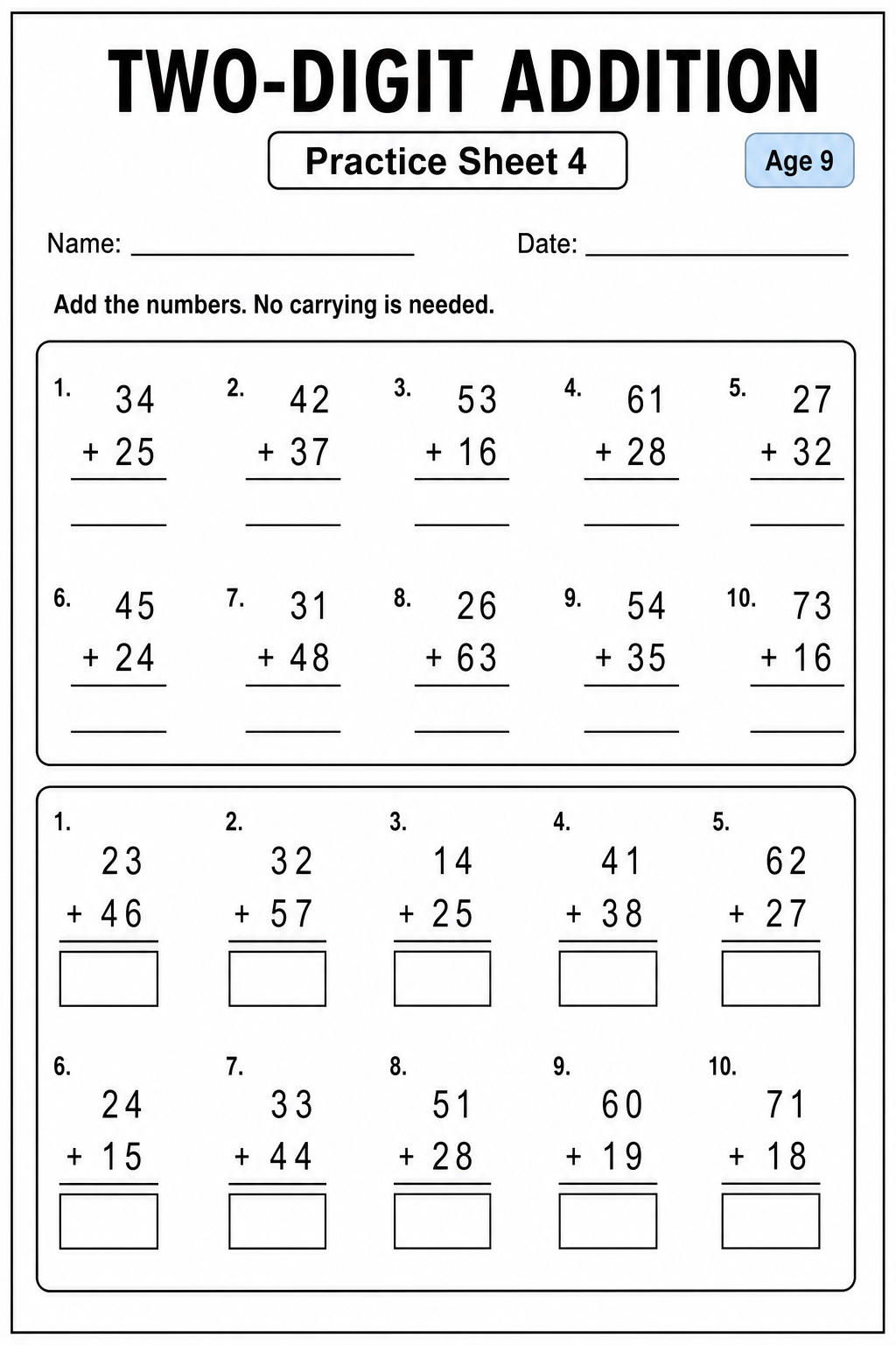Printable two-digit addition without carrying practice sheet 7 for age 9