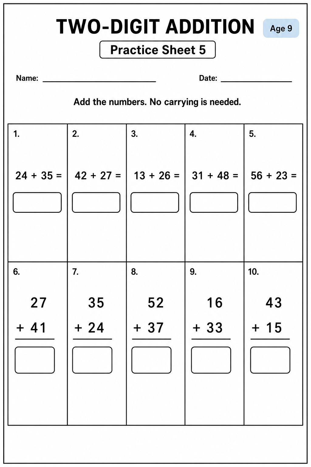 Printable two-digit addition without carrying practice sheet 8 for age 9